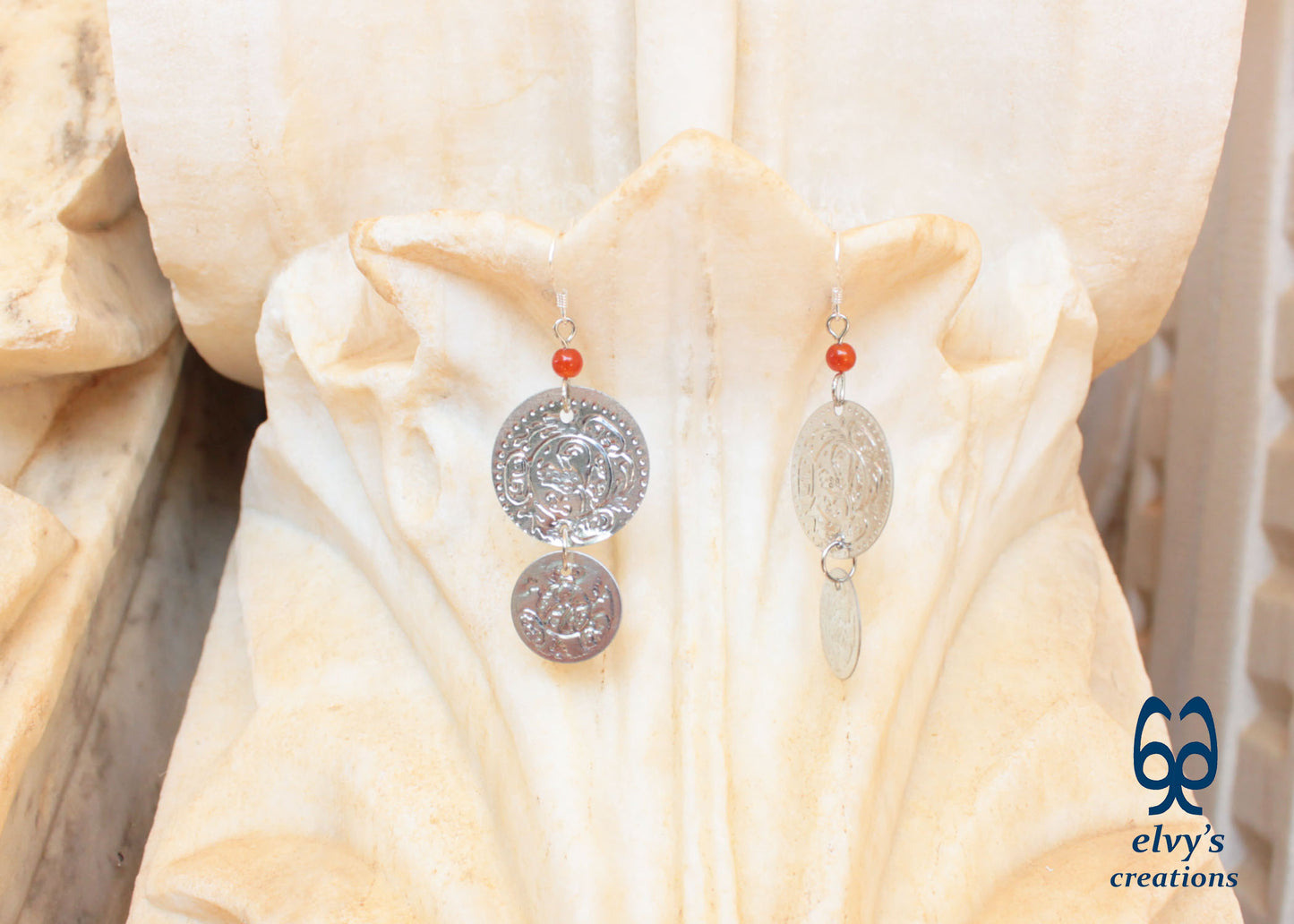 Silver Folklore Earrings Coin Dangle Drop Greek Traditional Jewelry 925 Sterling Silver Gypsy Jewelry Orange Carnelian Gemstone