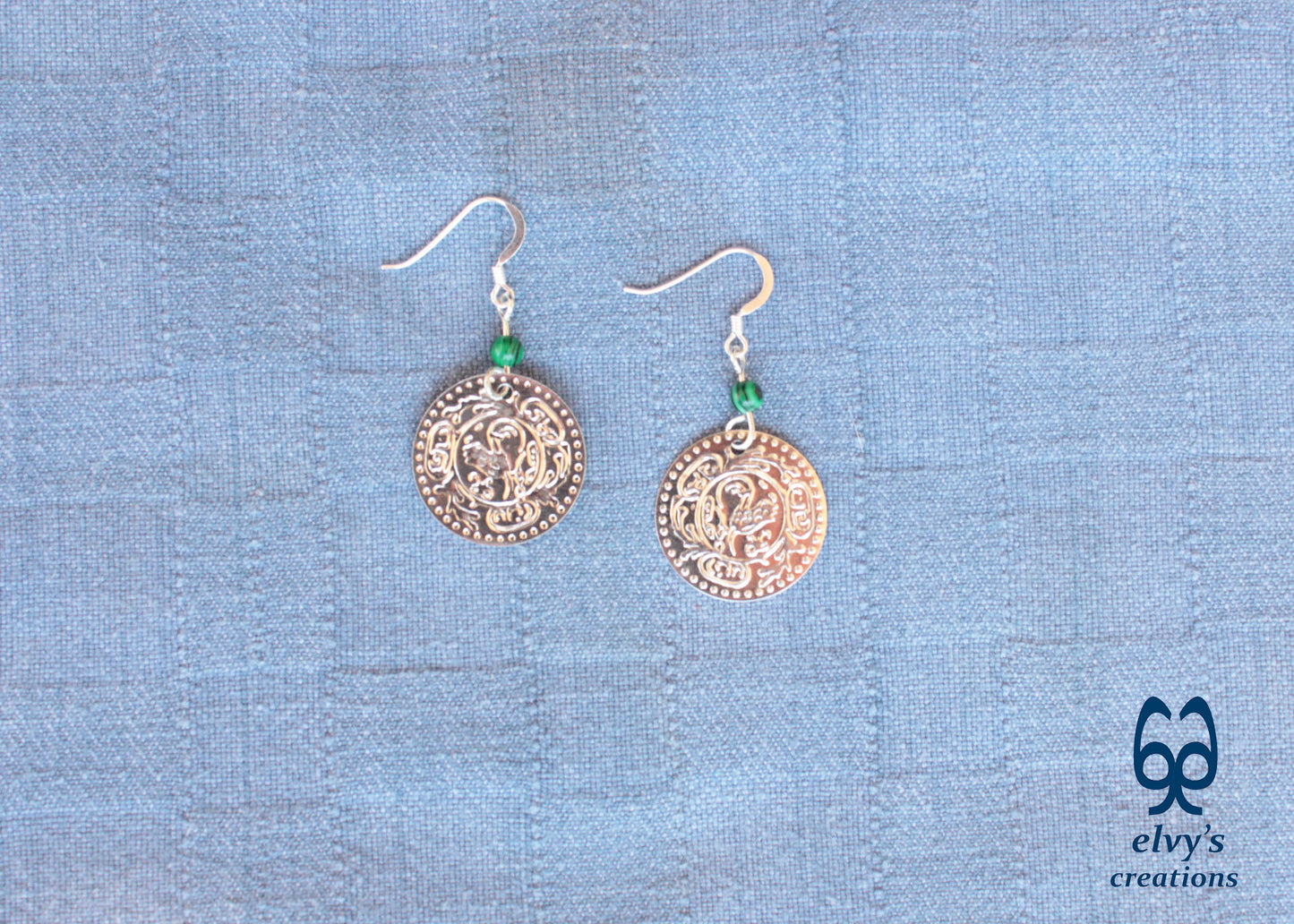 Gold Folklore Earrings Coin Dangle Drop Greek Traditional Jewelry 925 Sterling Silver Gypsy Jewelry Green Malachite Gemstone