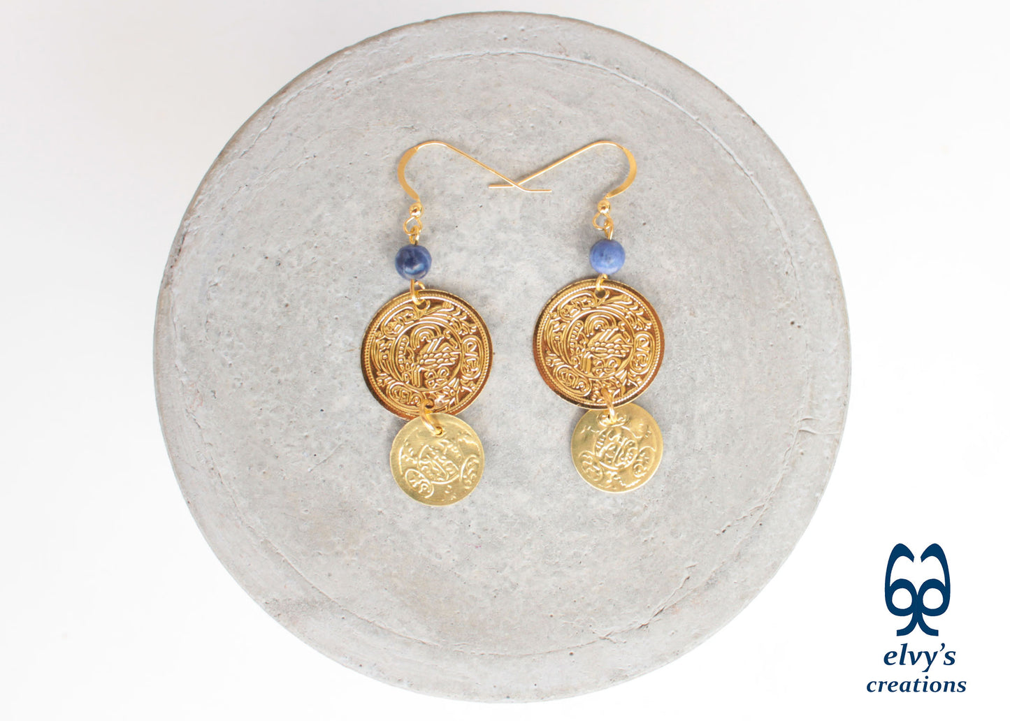 Gold Folklore Earrings, Coin Dangle Greek Traditional Jewelry, Sterling Silver Gold Plated Gypsy Jewelry, Gemstone