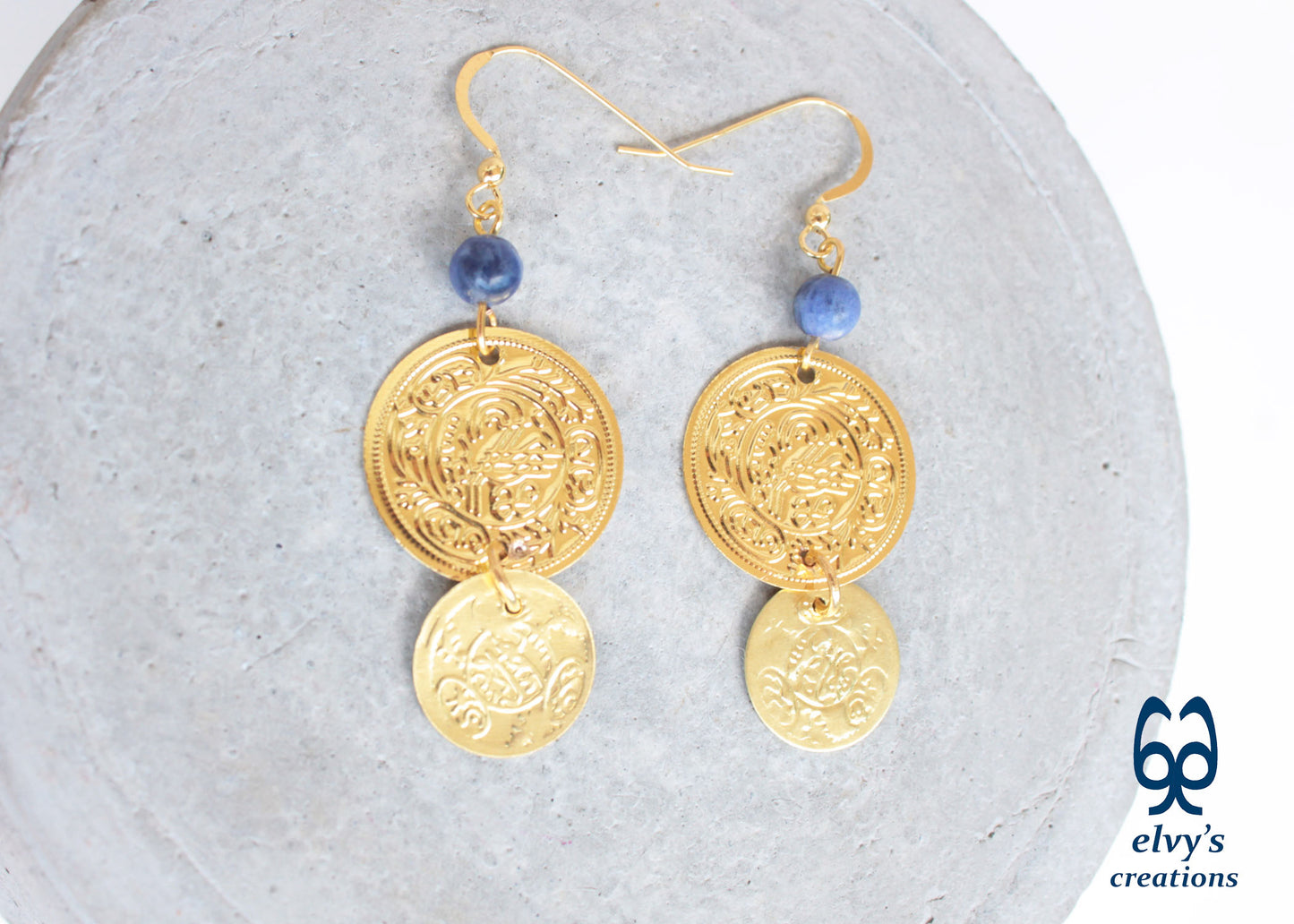 Gold Folklore Earrings, Coin Dangle Greek Traditional Jewelry, Sterling Silver Gold Plated Gypsy Jewelry, Gemstone