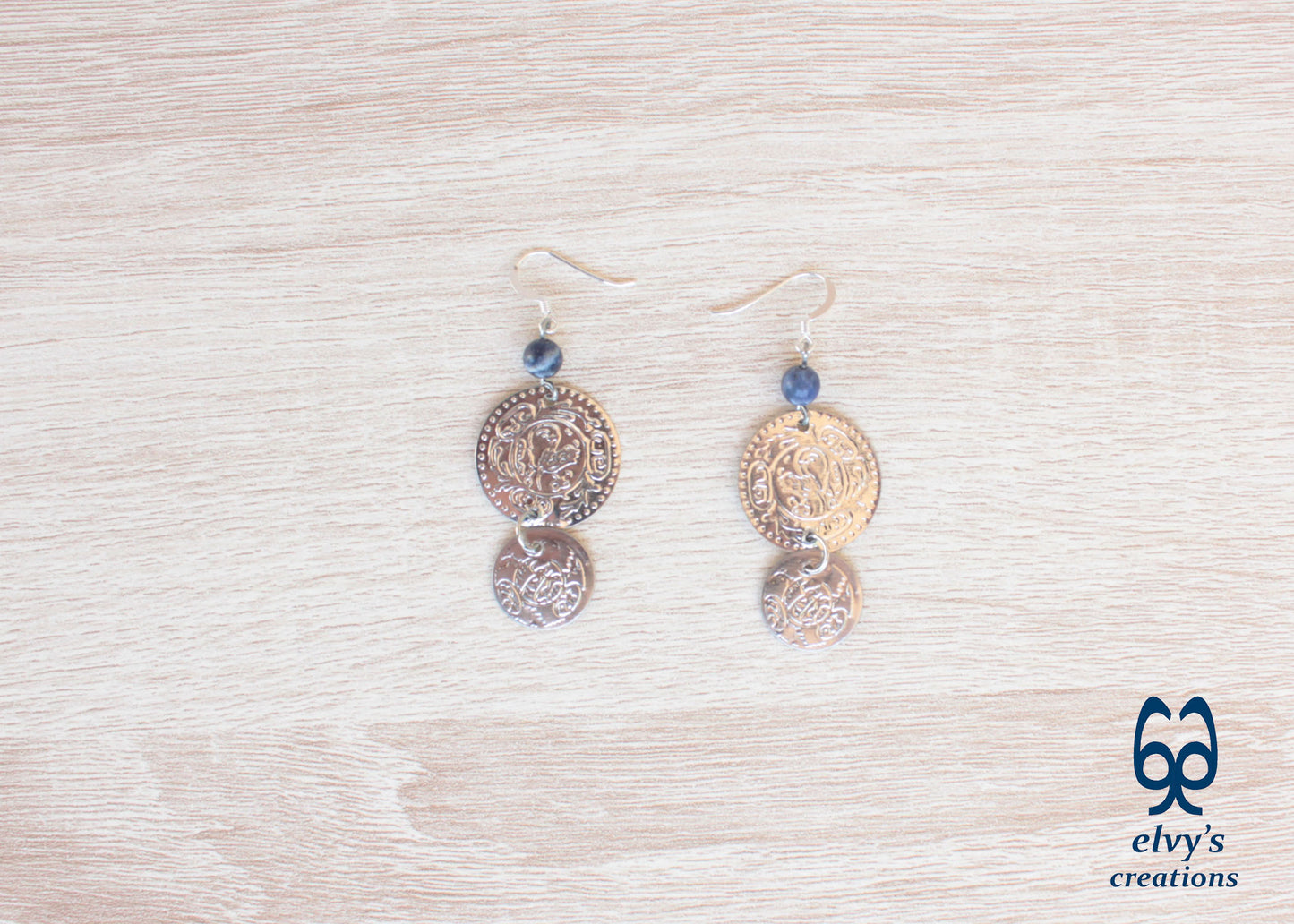 Silver Folklore Earrings Coin Dangle Drop Greek Traditional Jewelry 925 Sterling Silver Gypsy Jewelry Blue Sodalite Gemstone