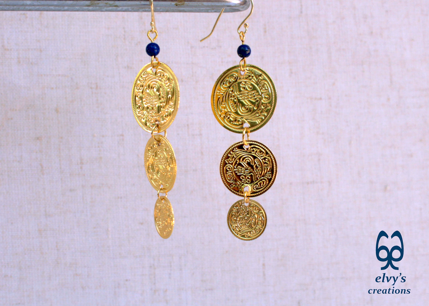 Gold Folklore Earrings, Coin Dangle Greek Traditional Jewelry, Sterling Silver Gold Plated Gypsy Jewelry, Gemstone