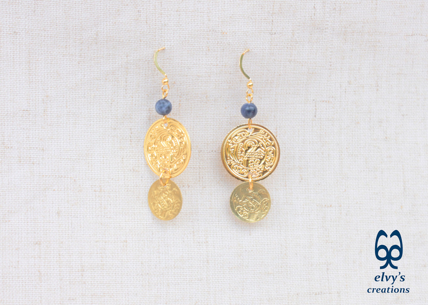 Gold Folklore Earrings, Coin Dangle Greek Traditional Jewelry, Sterling Silver Gold Plated Gypsy Jewelry, Gemstone