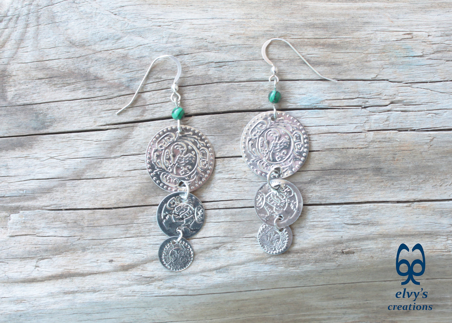 Gold Folklore Earrings, Coin Dangle Greek Traditional Jewelry, Sterling Silver Gold Plated Gypsy Jewelry, Gemstone