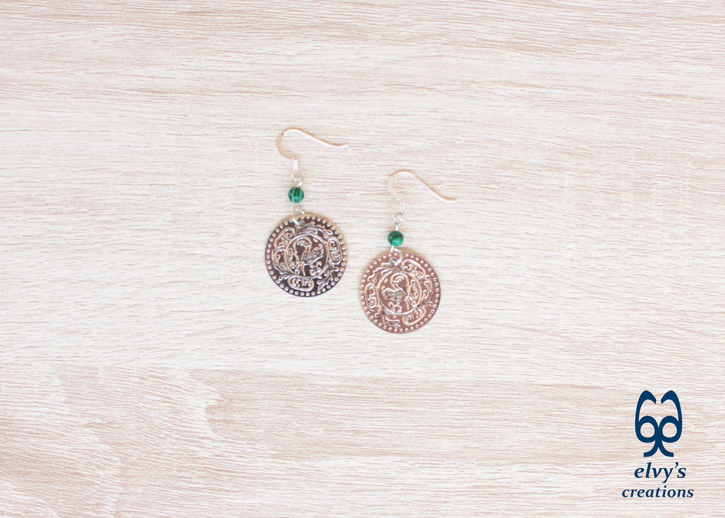 Gold Folklore Earrings Coin Dangle Drop Greek Traditional Jewelry 925 Sterling Silver Jewelry Green Malachite Gemstone