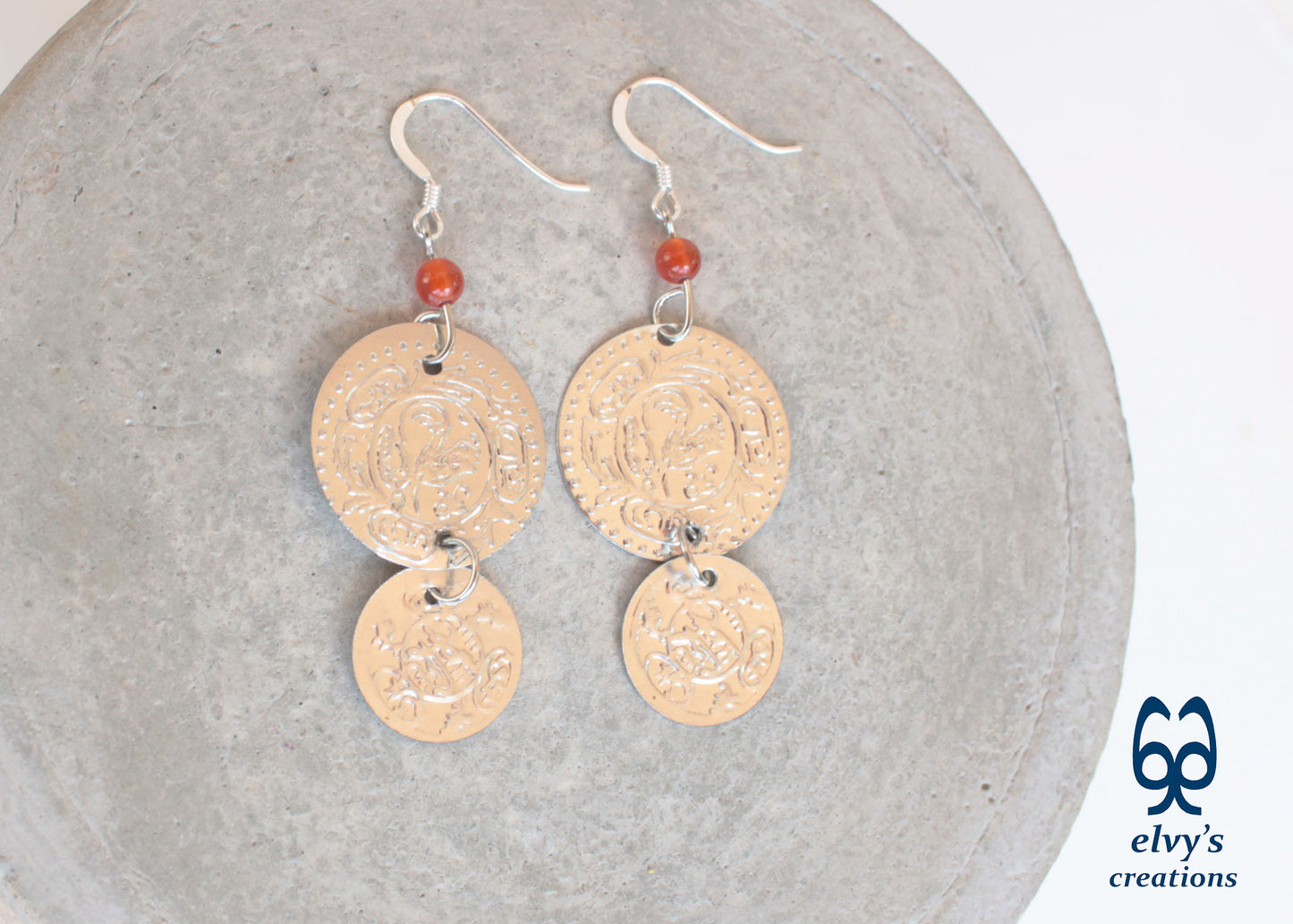 Silver Folklore Earrings Coin Dangle Drop Greek Traditional Jewelry 925 Sterling Silver Gypsy Jewelry Orange Carnelian Gemstone