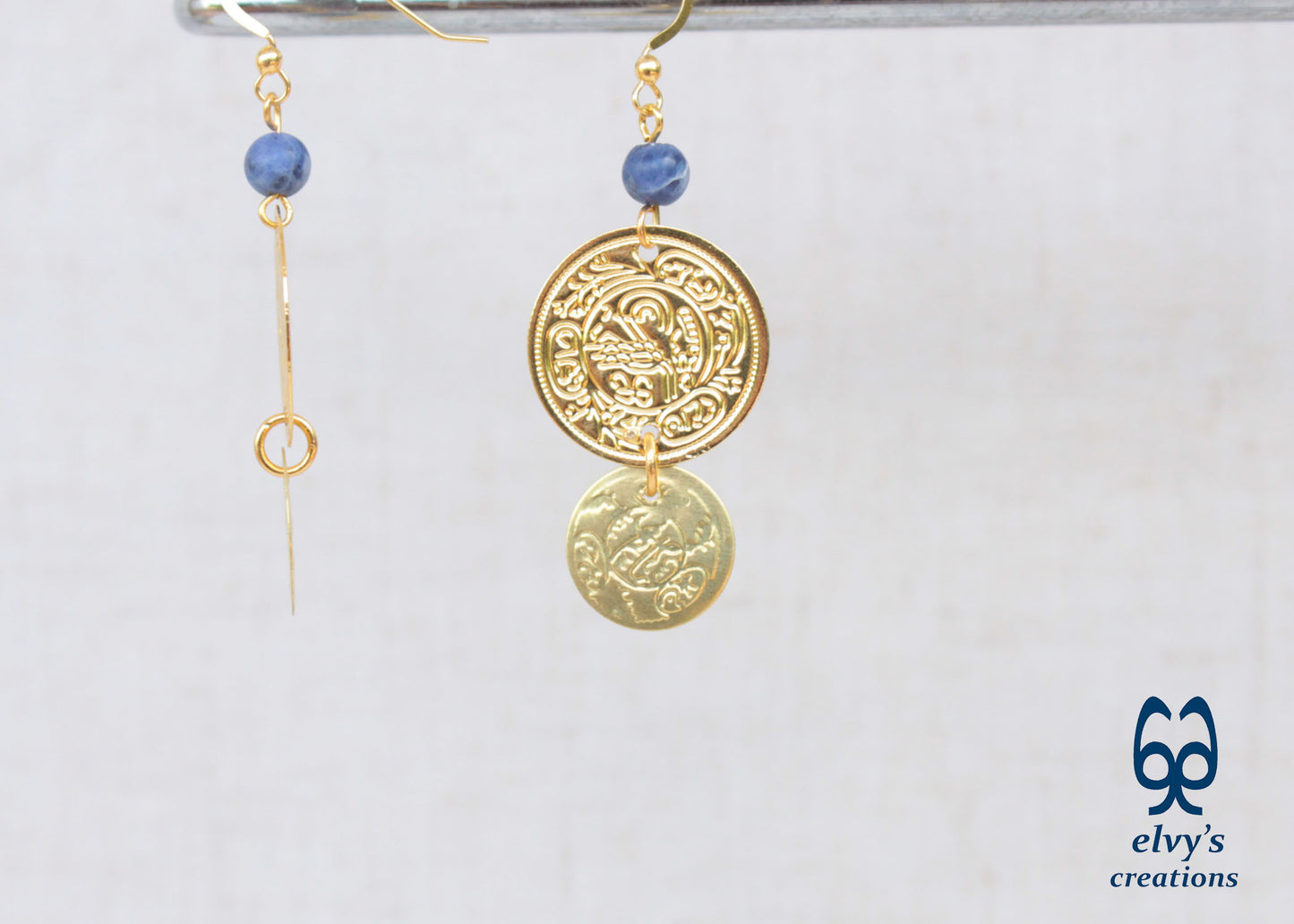 Gold Folklore Earrings, Coin Dangle Greek Traditional Jewelry, Sterling Silver Gold Plated Gypsy Jewelry, Gemstone