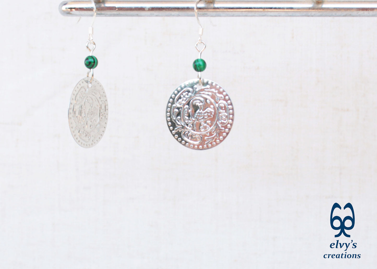 Gold Folklore Earrings Coin Dangle Drop Greek Traditional Jewelry 925 Sterling Silver Jewelry Green Malachite Gemstone
