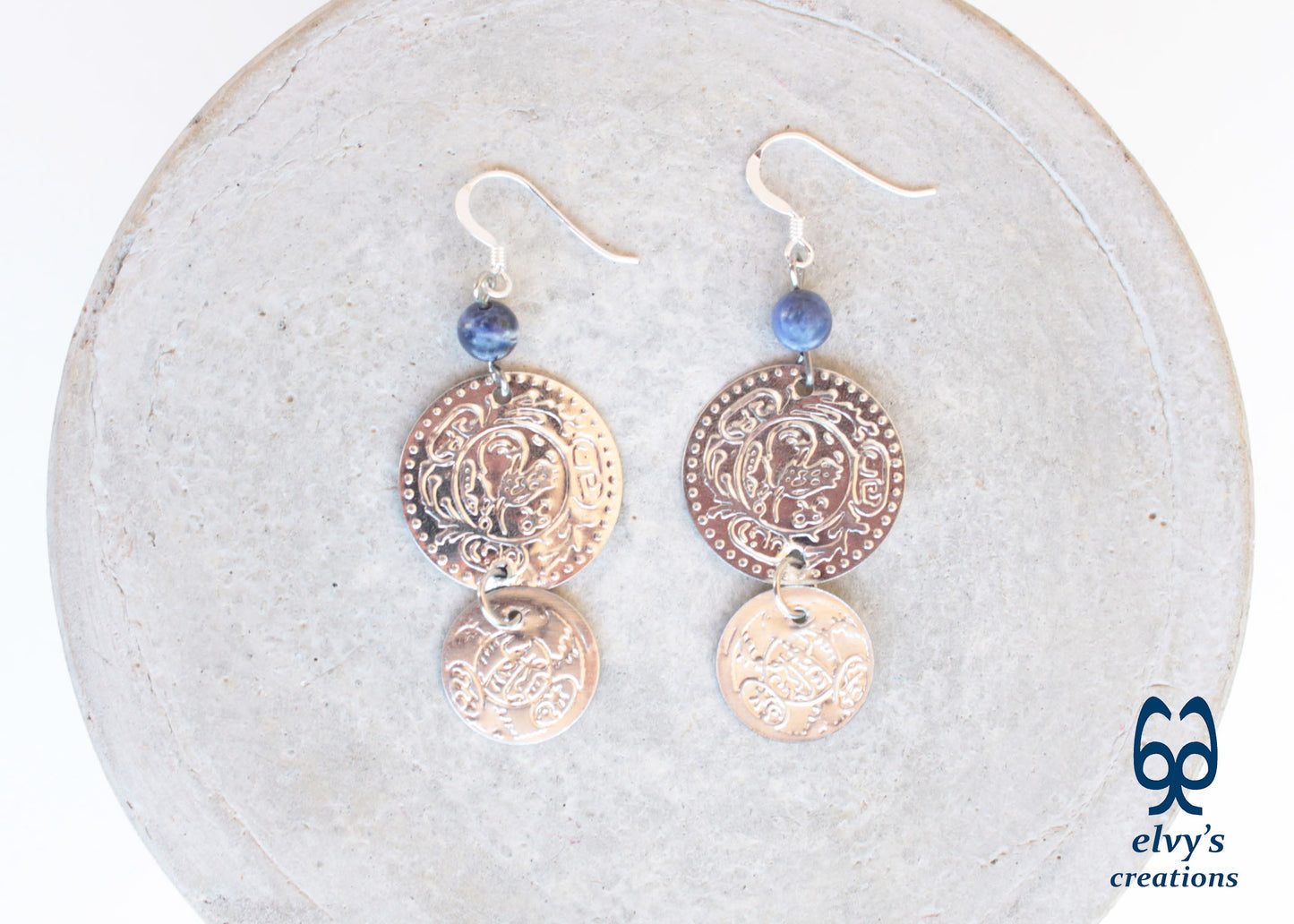 Silver Folklore Earrings Coin Dangle Drop Greek Traditional Jewelry 925 Sterling Silver Gypsy Jewelry Blue Sodalite Gemstone