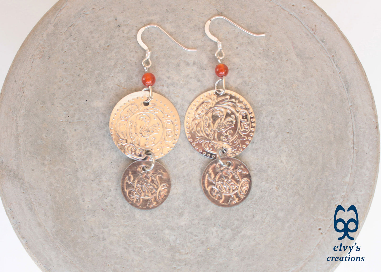Silver Folklore Earrings Coin Dangle Drop Greek Traditional Jewelry 925 Sterling Silver Gypsy Jewelry Orange Carnelian Gemstone
