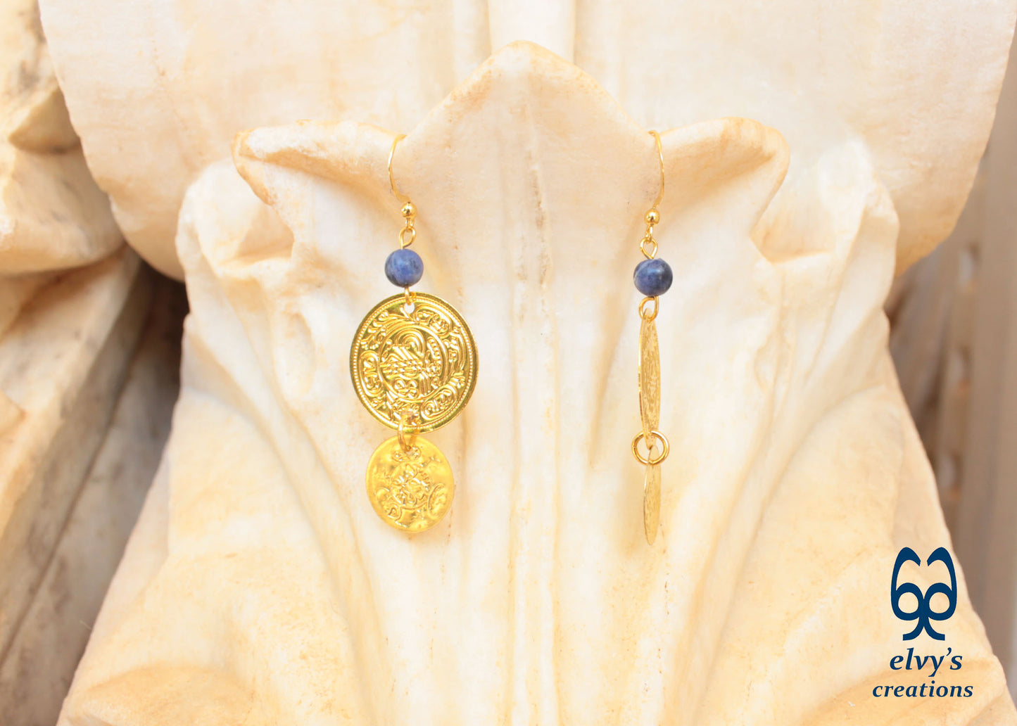Gold Folklore Earrings, Coin Dangle Greek Traditional Jewelry, Sterling Silver Gold Plated Gypsy Jewelry, Gemstone