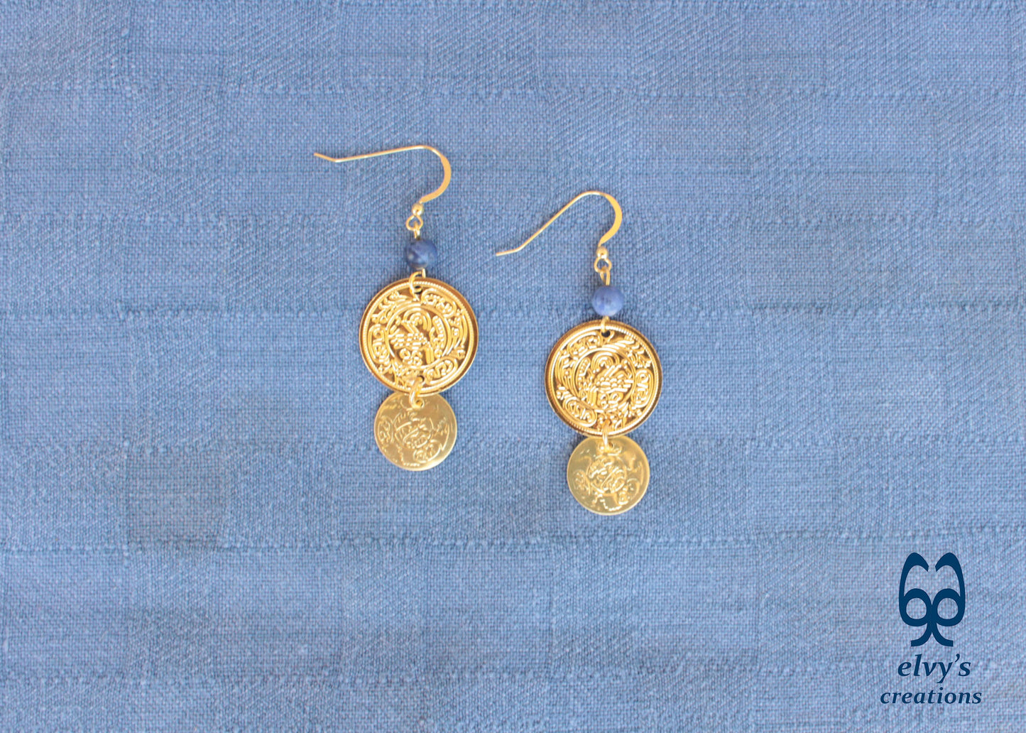 Gold Folklore Earrings, Coin Dangle Greek Traditional Jewelry, Sterling Silver Gold Plated Gypsy Jewelry, Gemstone