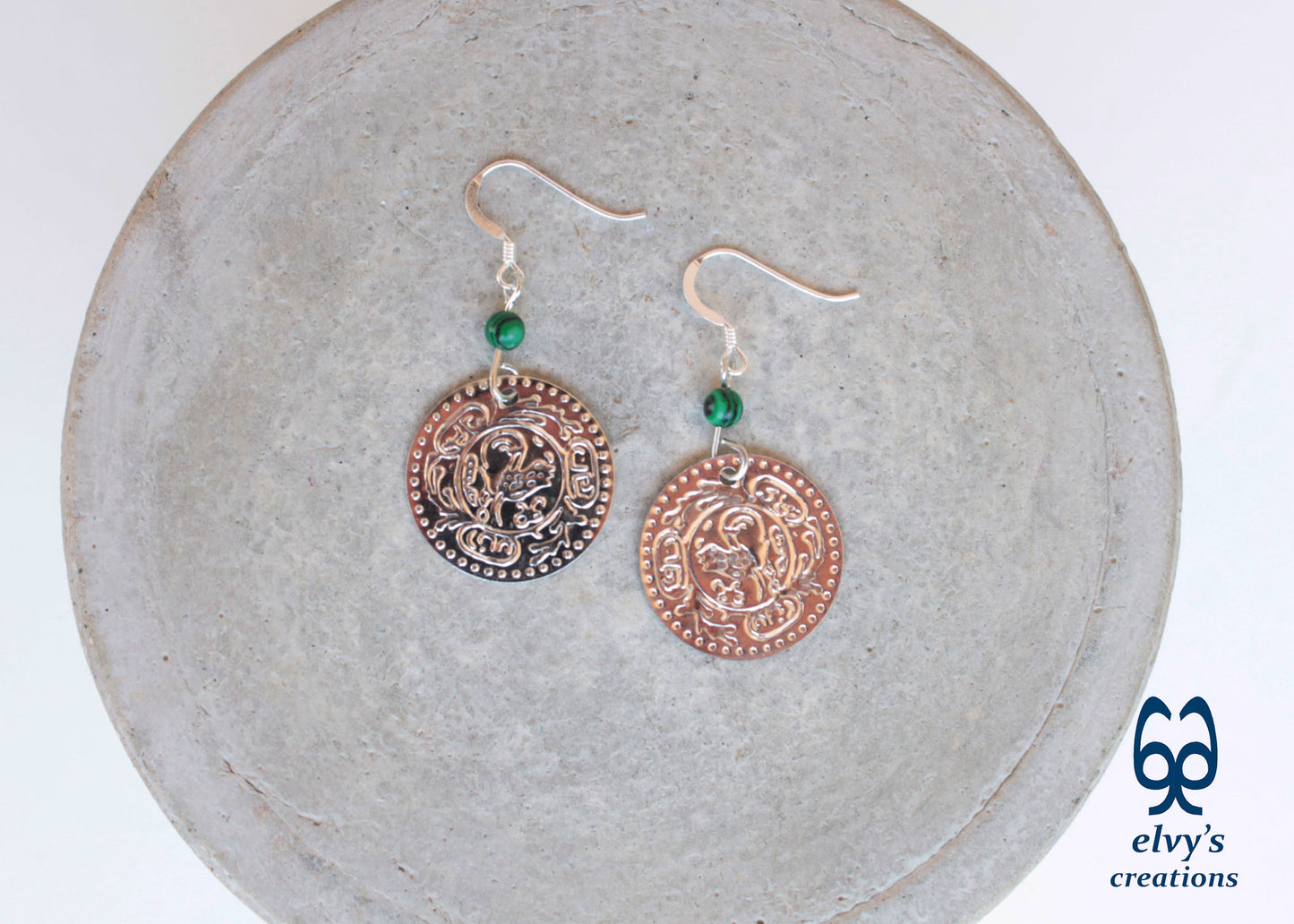 Gold Folklore Earrings Coin Dangle Drop Greek Traditional Jewelry 925 Sterling Silver Jewelry Green Malachite Gemstone