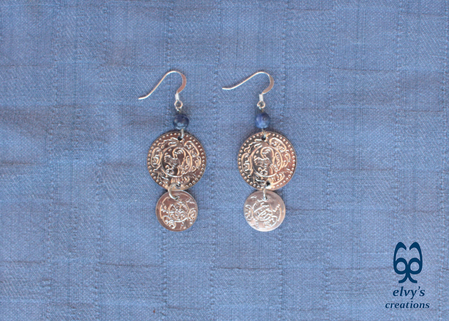 Silver Folklore Earrings Coin Dangle Drop Greek Traditional Jewelry 925 Sterling Silver Gypsy Jewelry Blue Sodalite Gemstone