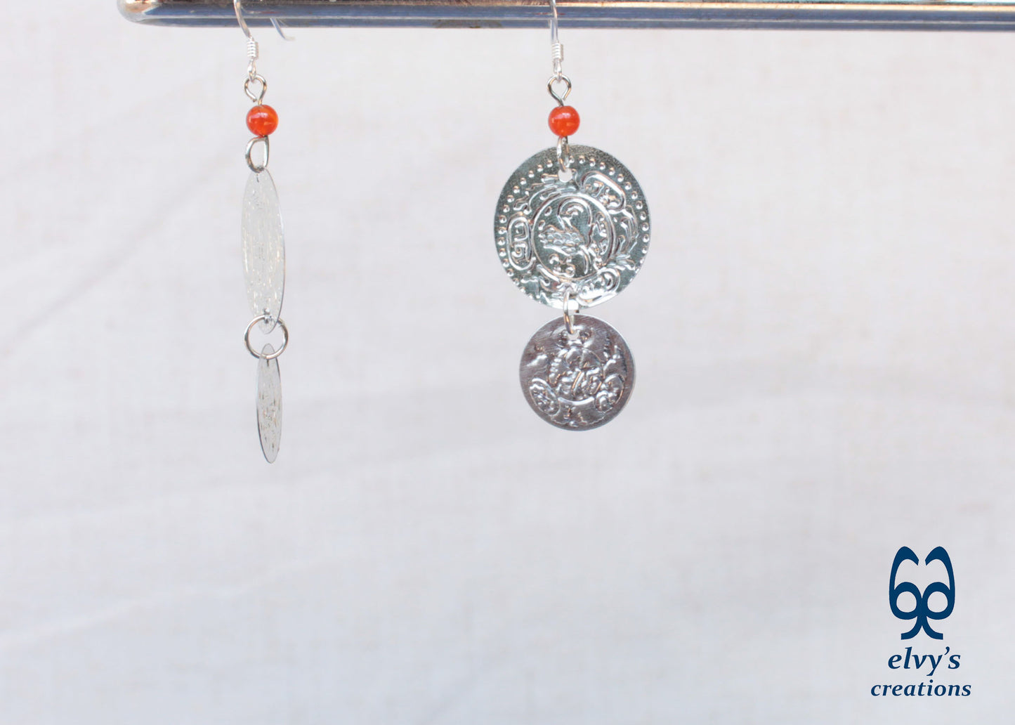 Silver Folklore Earrings Coin Dangle Drop Greek Traditional Jewelry 925 Sterling Silver Gypsy Jewelry Orange Carnelian Gemstone
