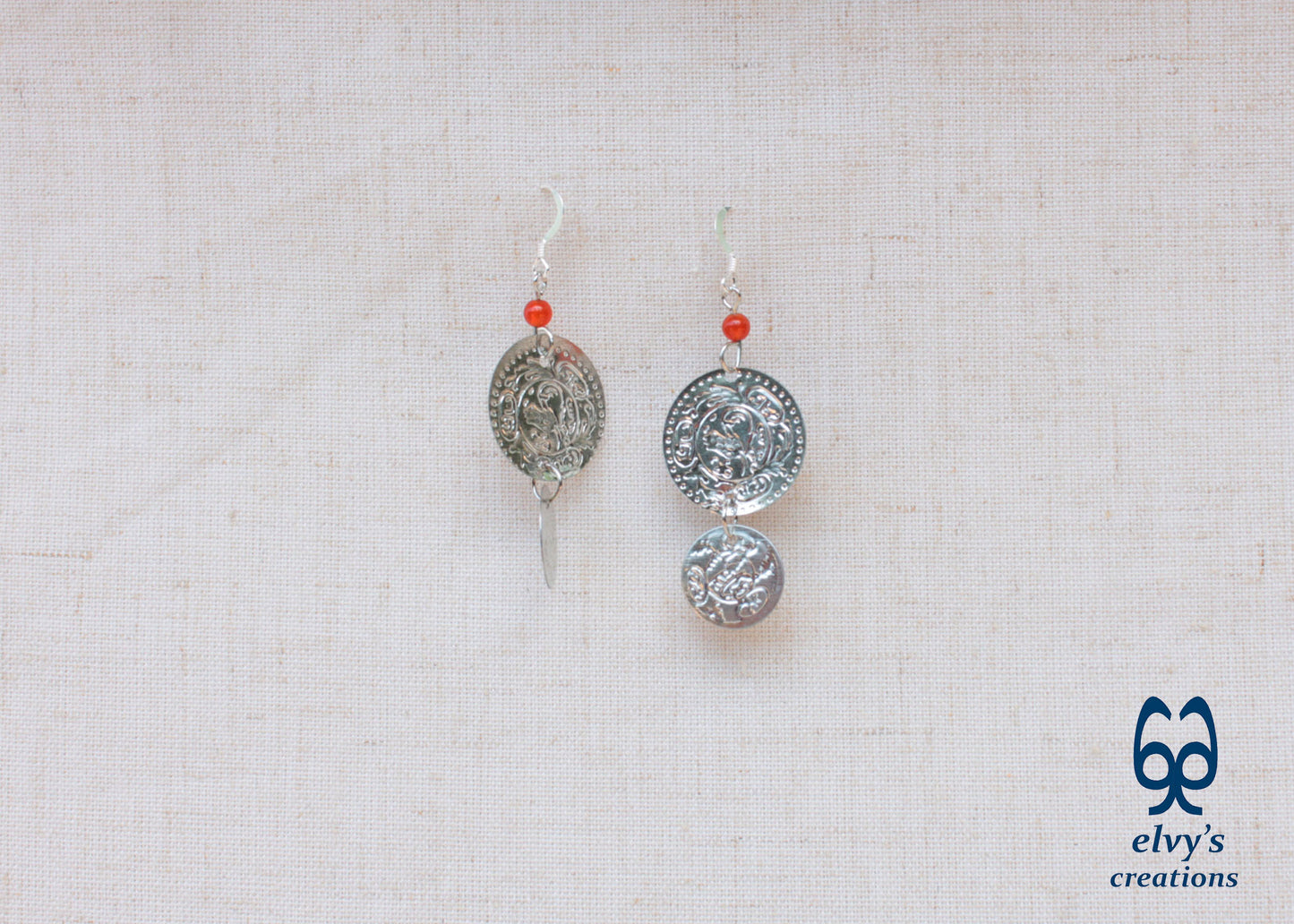 Silver Folklore Earrings Coin Dangle Drop Greek Traditional Jewelry 925 Sterling Silver Gypsy Jewelry Orange Carnelian Gemstone