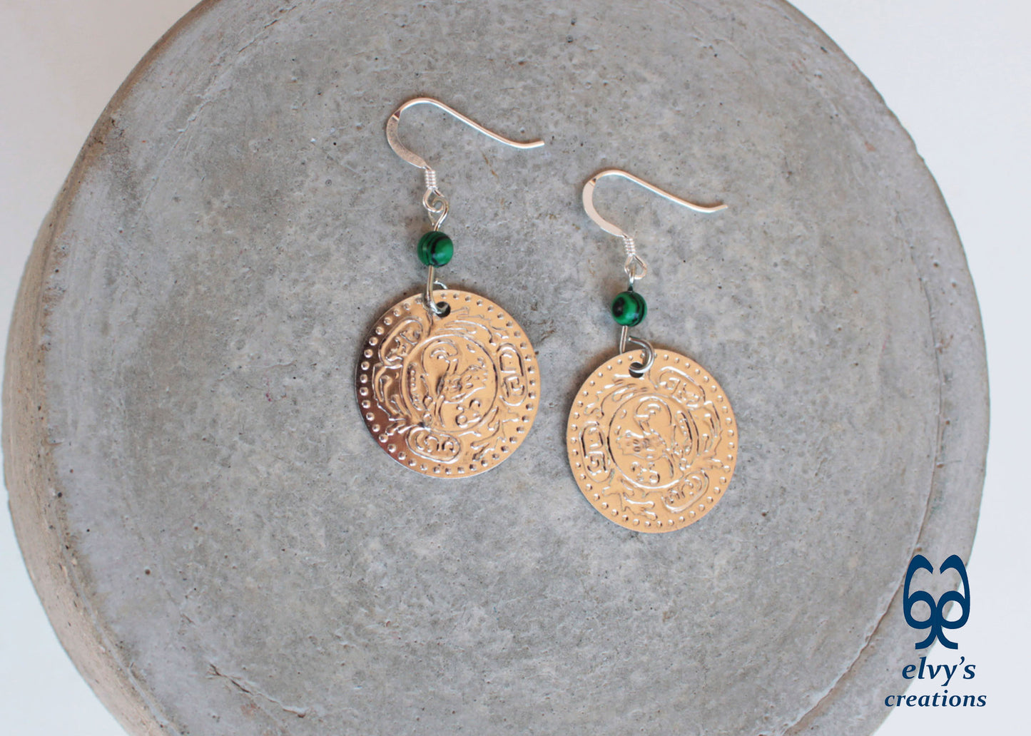 Gold Folklore Earrings Coin Dangle Drop Greek Traditional Jewelry 925 Sterling Silver Jewelry Green Malachite Gemstone