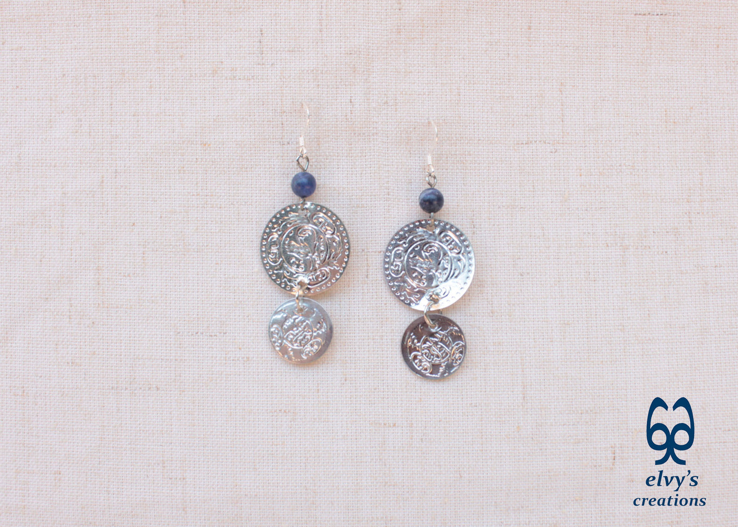 Silver Folklore Earrings Coin Dangle Drop Greek Traditional Jewelry 925 Sterling Silver Gypsy Jewelry Blue Sodalite Gemstone