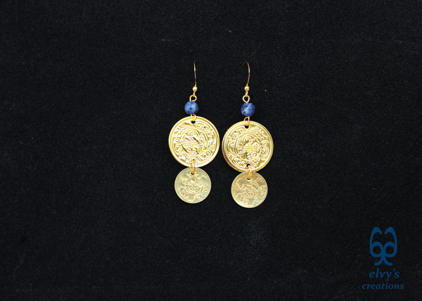 Gold Folklore Earrings, Coin Dangle Greek Traditional Jewelry, Sterling Silver Gold Plated Gypsy Jewelry, Gemstone