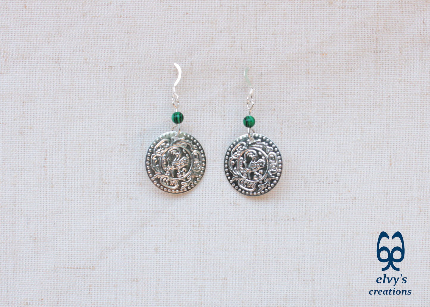 Gold Folklore Earrings Coin Dangle Drop Greek Traditional Jewelry 925 Sterling Silver Jewelry Green Malachite Gemstone