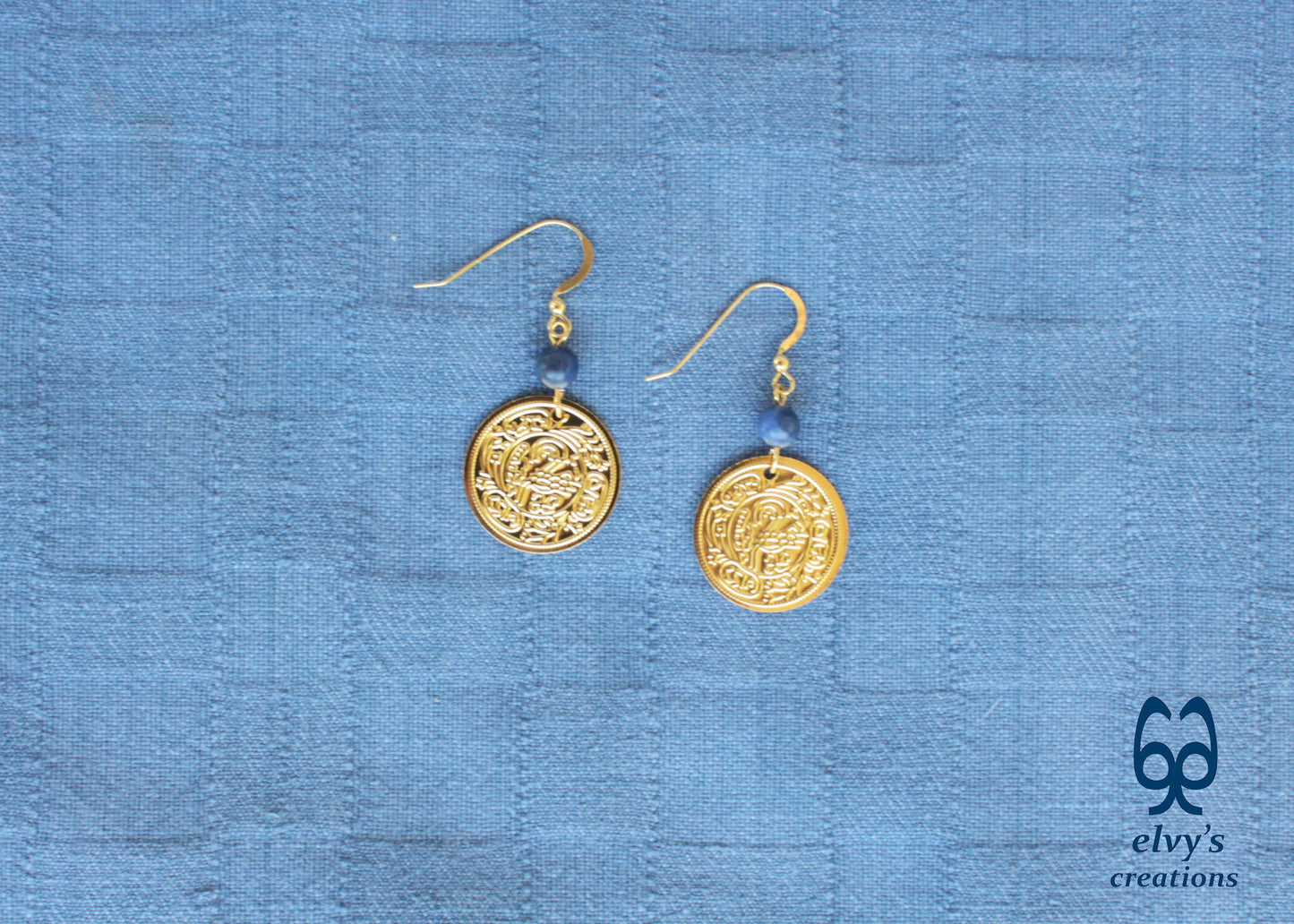 Gold Folklore Earrings Coin Dangle Drop Greek Traditional Jewelry 925 Sterling Silver Gold Plated Gypsy Jewelry Blue Sodalite Gemstone