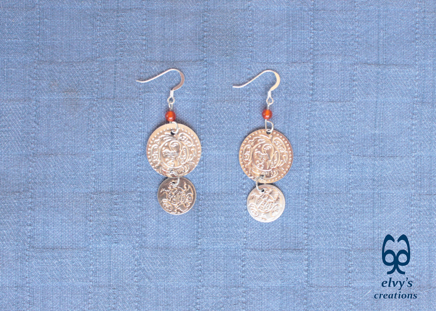 Silver Folklore Earrings Coin Dangle Drop Greek Traditional Jewelry 925 Sterling Silver Gypsy Jewelry Orange Carnelian Gemstone