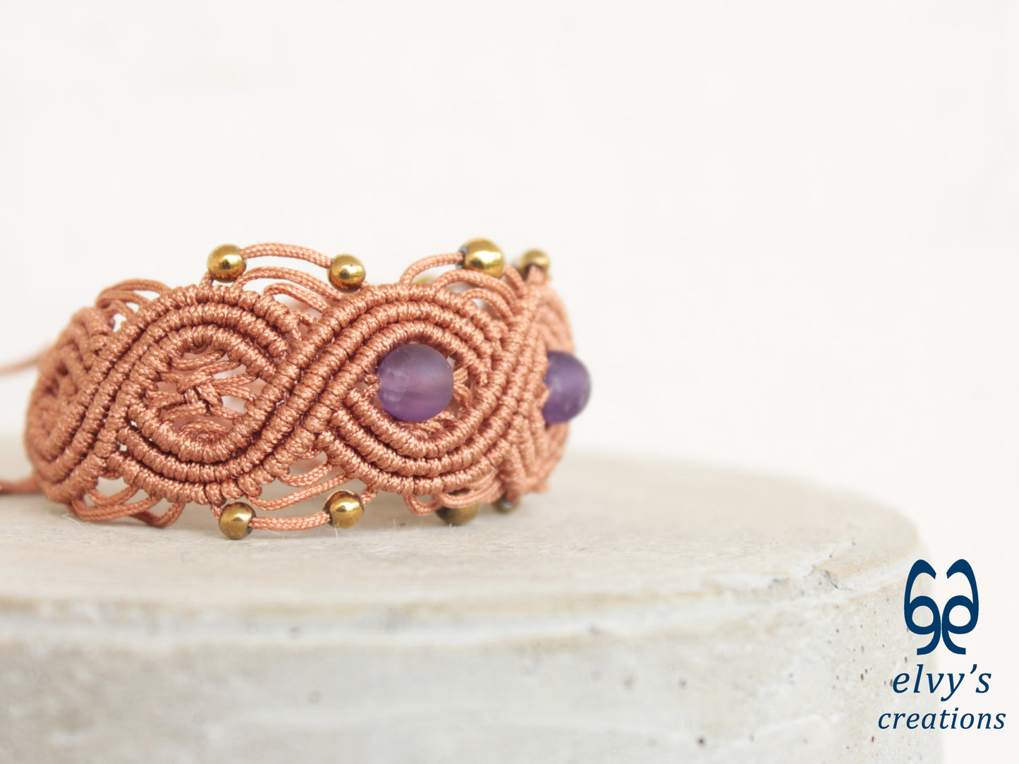 Bronze Macrame Bracelet with Amethyst and Gold Hematite Gemstones Boho Bracelet for Women