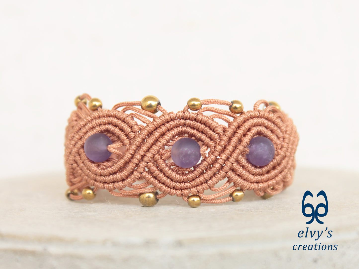 Bronze Macrame Bracelet with Amethyst and Gold Hematite Gemstones Boho Bracelet for Women