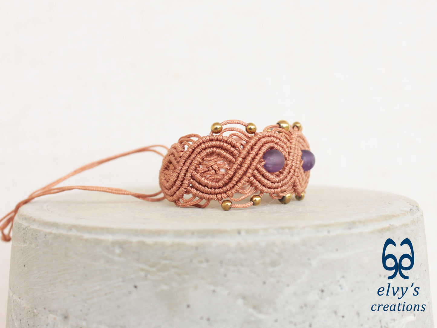 Bronze Macrame Bracelet with Amethyst and Gold Hematite Gemstones Boho Bracelet for Women