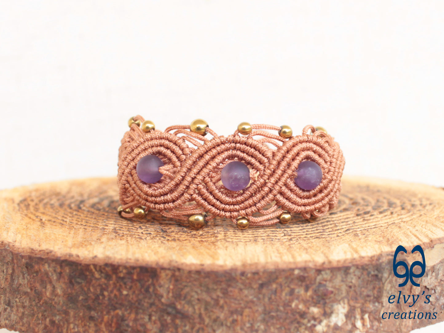 Bronze Macrame Bracelet with Amethyst and Gold Hematite Gemstones Boho Bracelet for Women