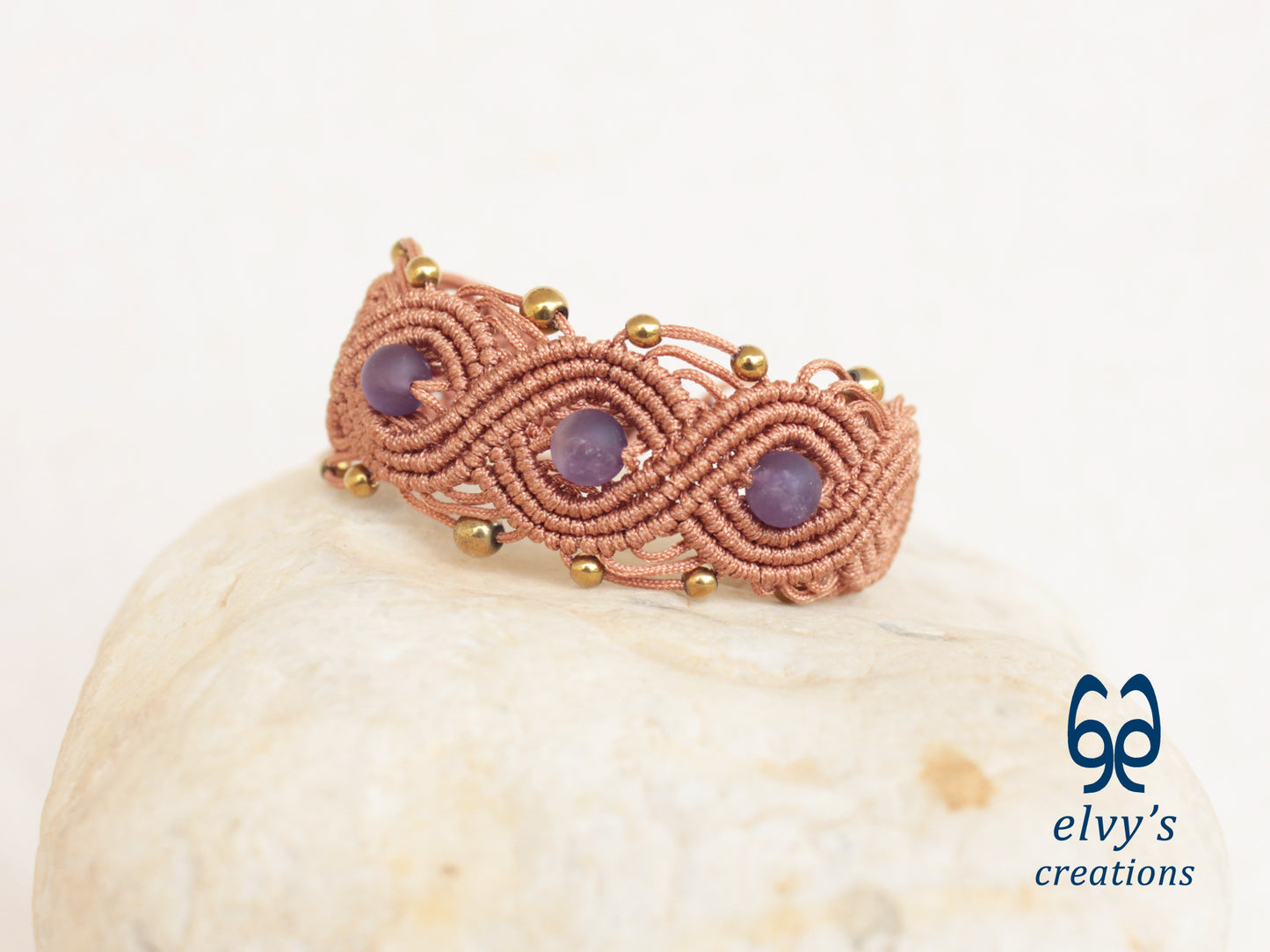 Bronze Macrame Bracelet with Amethyst and Gold Hematite Gemstones Boho Bracelet for Women