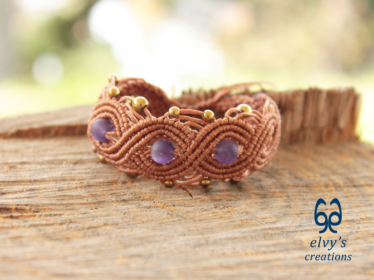 Bronze Macrame Bracelet with Amethyst and Gold Hematite Gemstones Boho Bracelet for Women