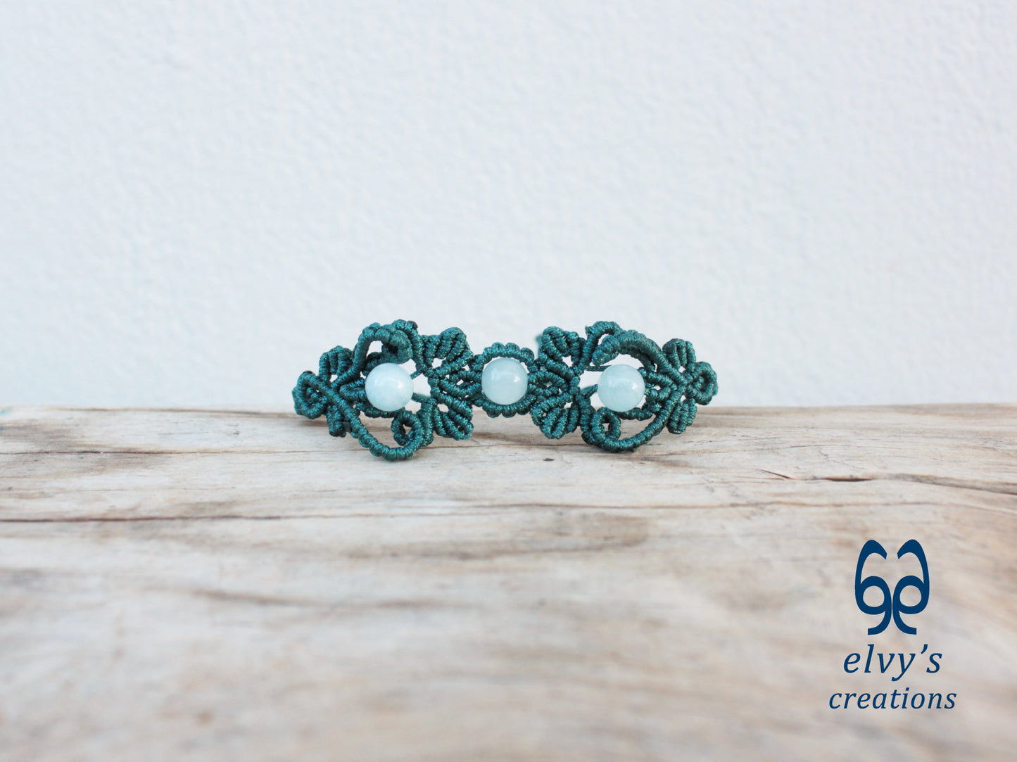 Handmade Green Macrame Bracelet with Aquamarine Gemstones Cuff Bracelet