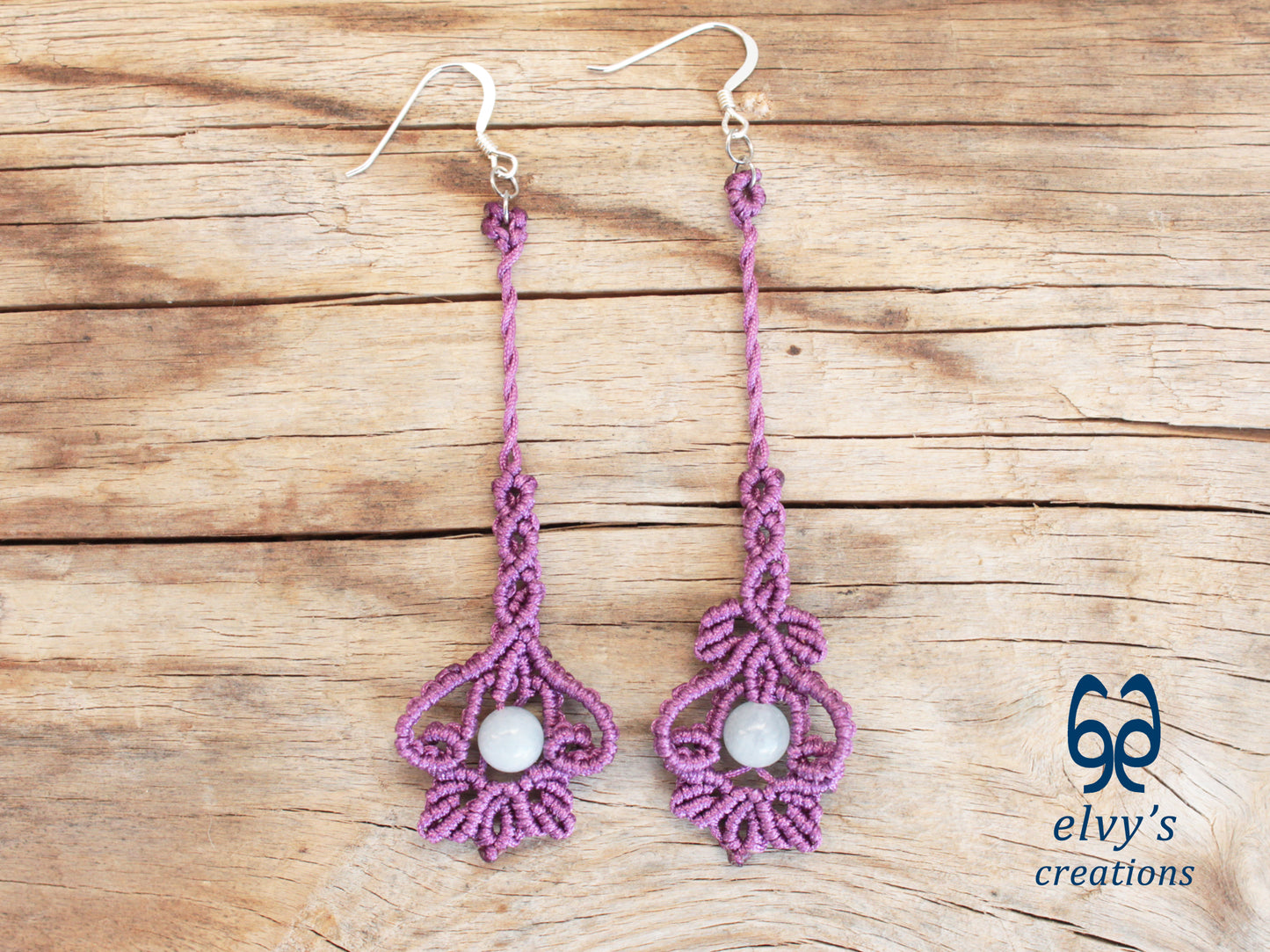 Handmade Purple Macrame Silver Earrings with Aquamarine Gemstone
