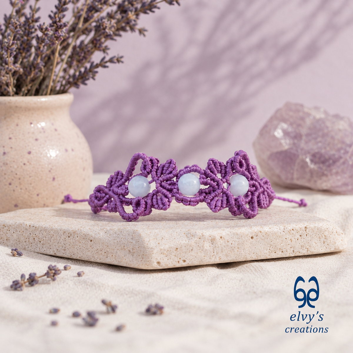 Handmade Purple Macrame Bracelet with Aquamarine Gemstones Cuff Bracelet