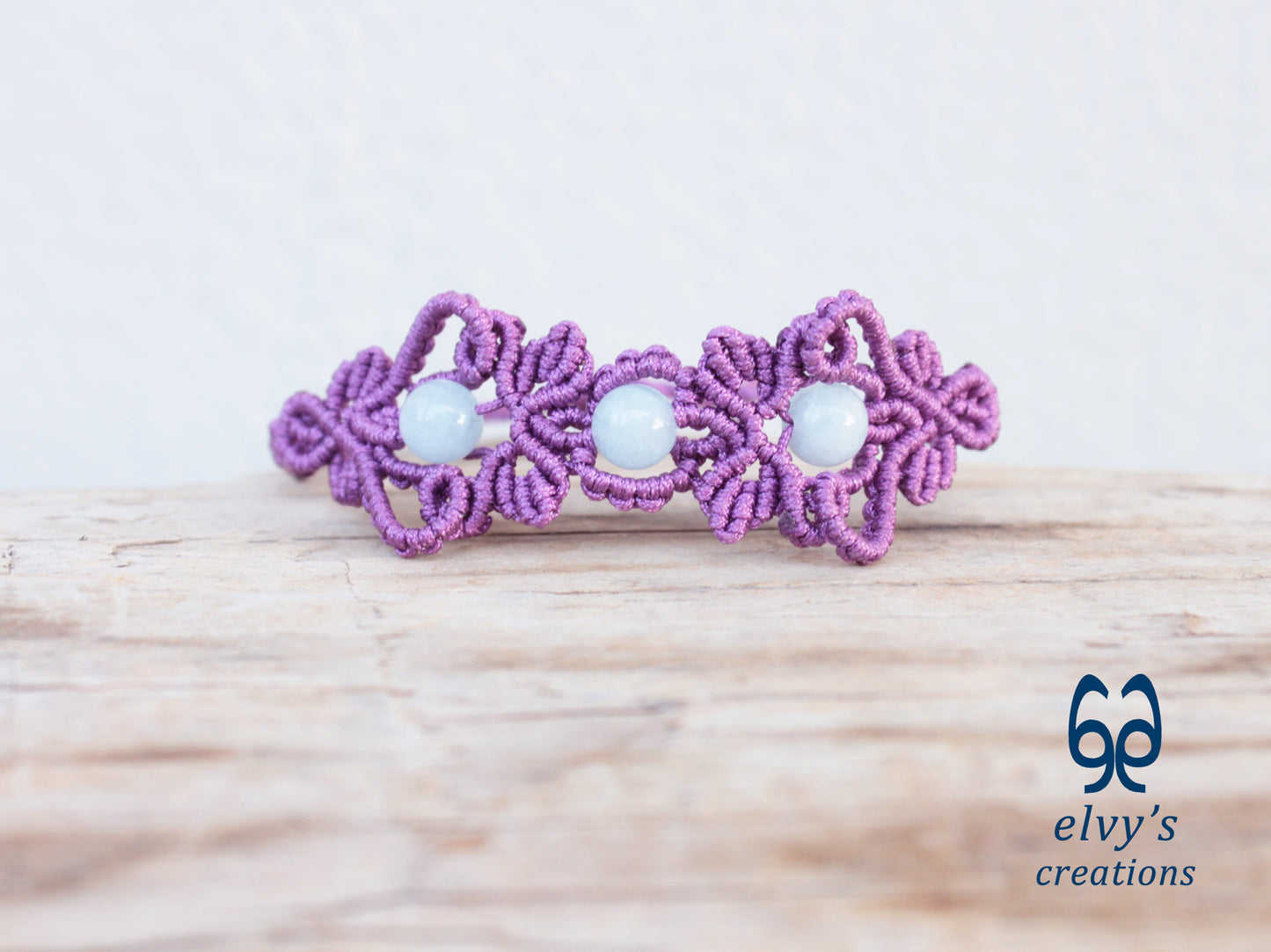 Handmade Purple Macrame Bracelet with Aquamarine Gemstones Cuff Bracelet