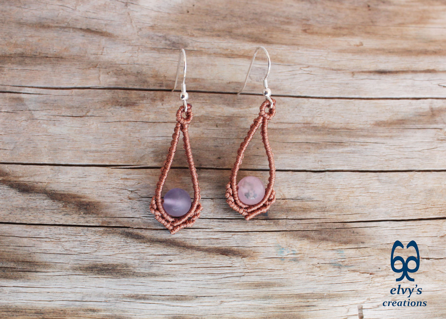 Handmade Bronze Macrame Earrings Silver Earrings with Beryl Gemstones