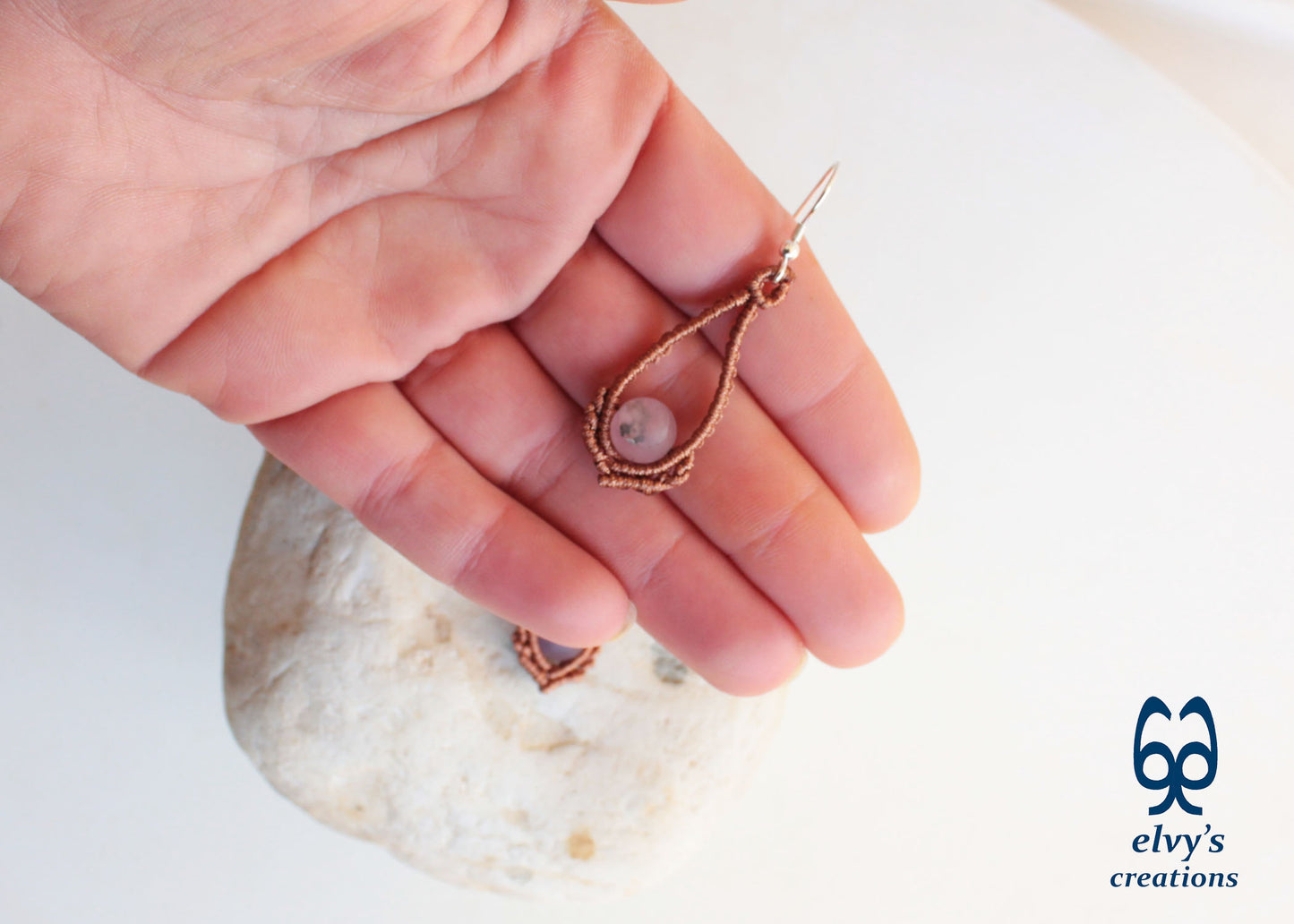 Handmade Bronze Macrame Earrings Silver Earrings with Beryl Gemstones