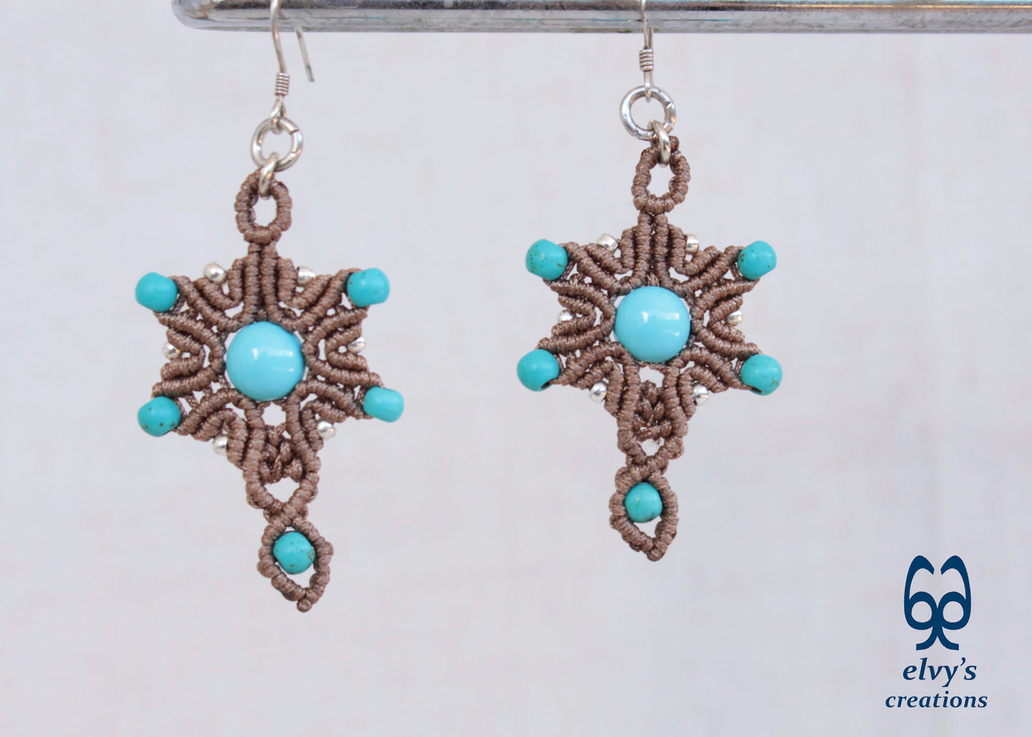Handmade Beige Macrame Earrings Silver Dangle with Turquoise Gemstones