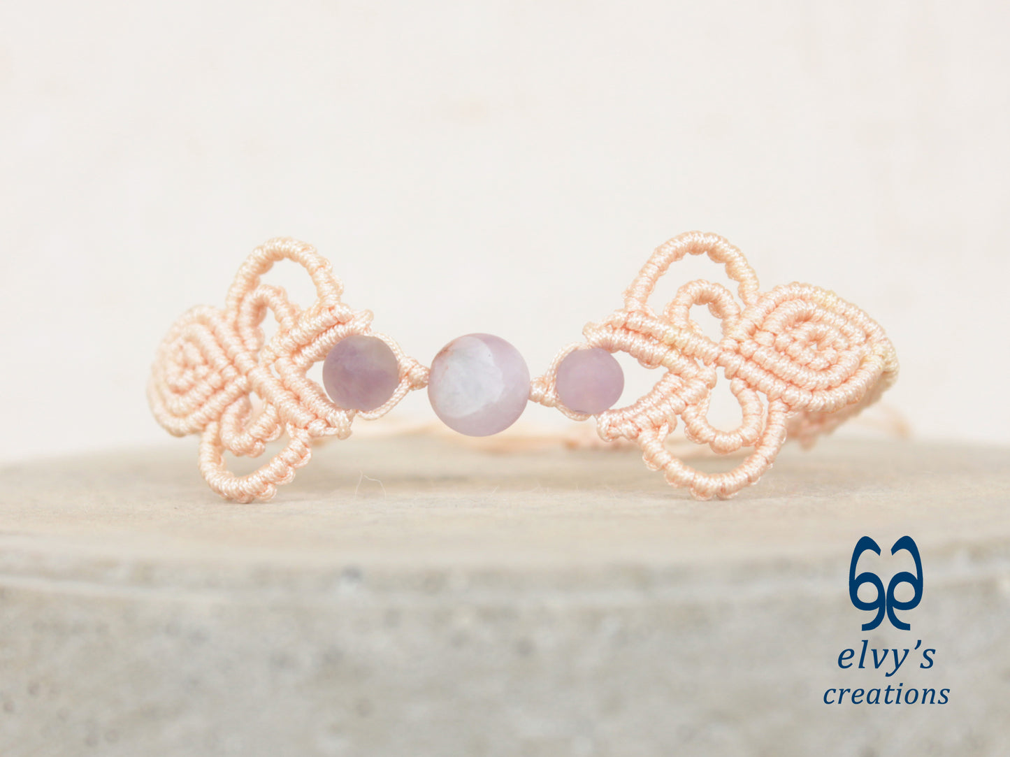 Beige Macrame Bracelet with Purple Beryl Gemstones Boho Bracelet for Women