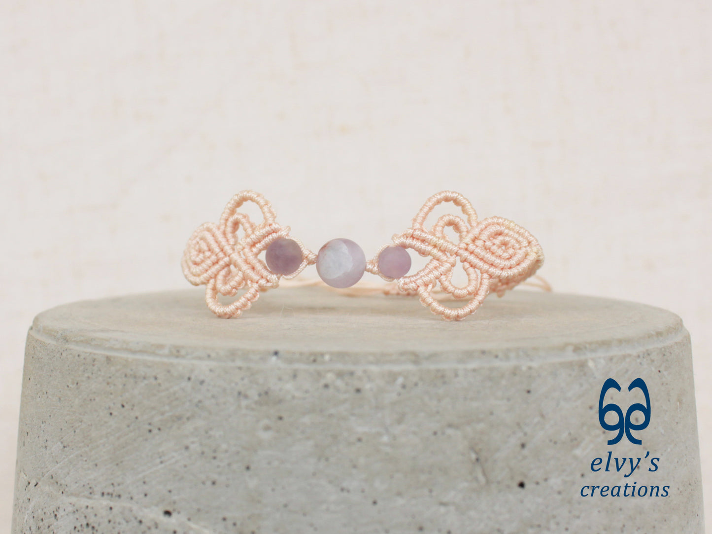 Beige Macrame Bracelet with Purple Beryl Gemstones Boho Bracelet for Women