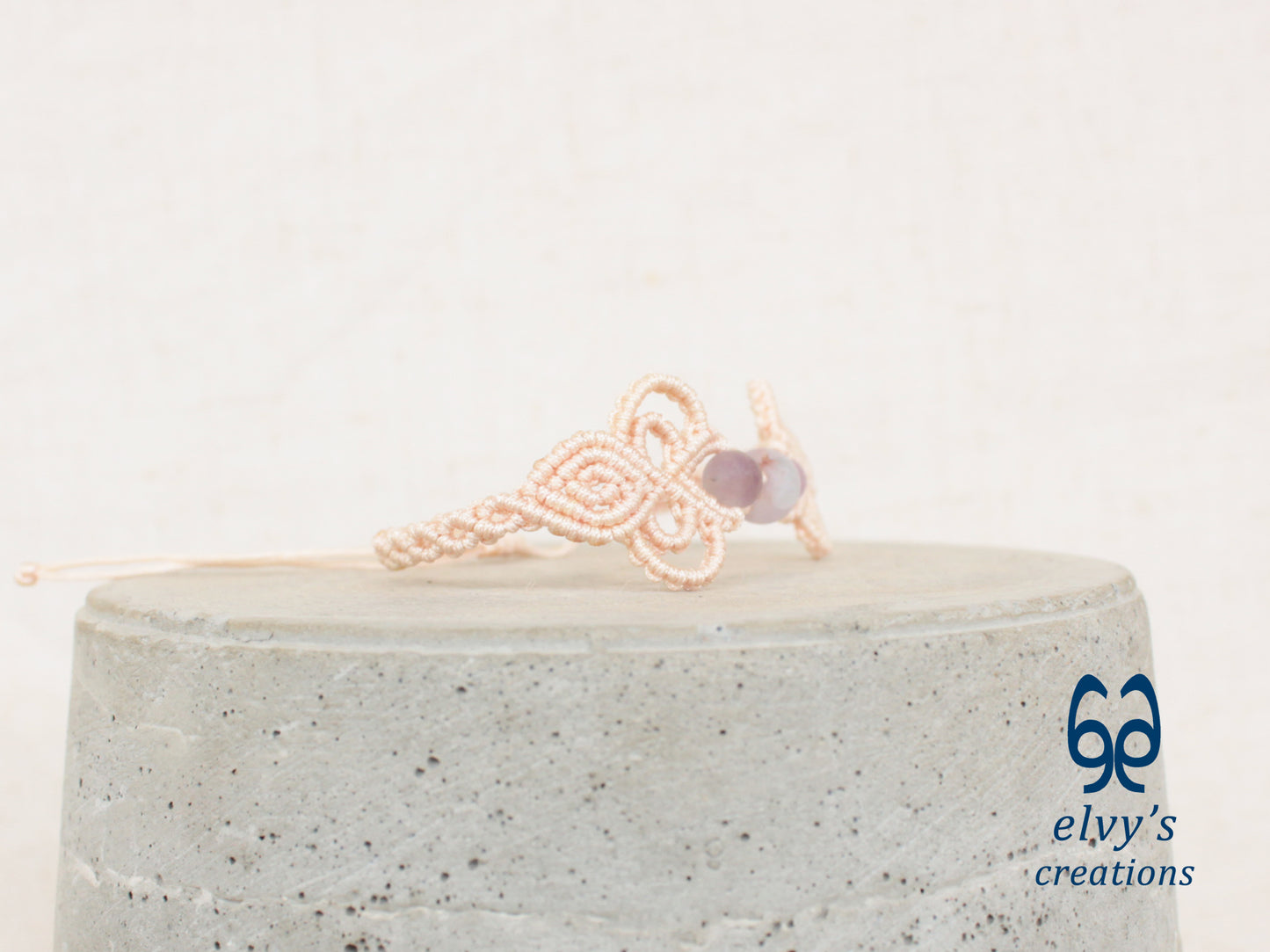 Beige Macrame Bracelet with Purple Beryl Gemstones Boho Bracelet for Women