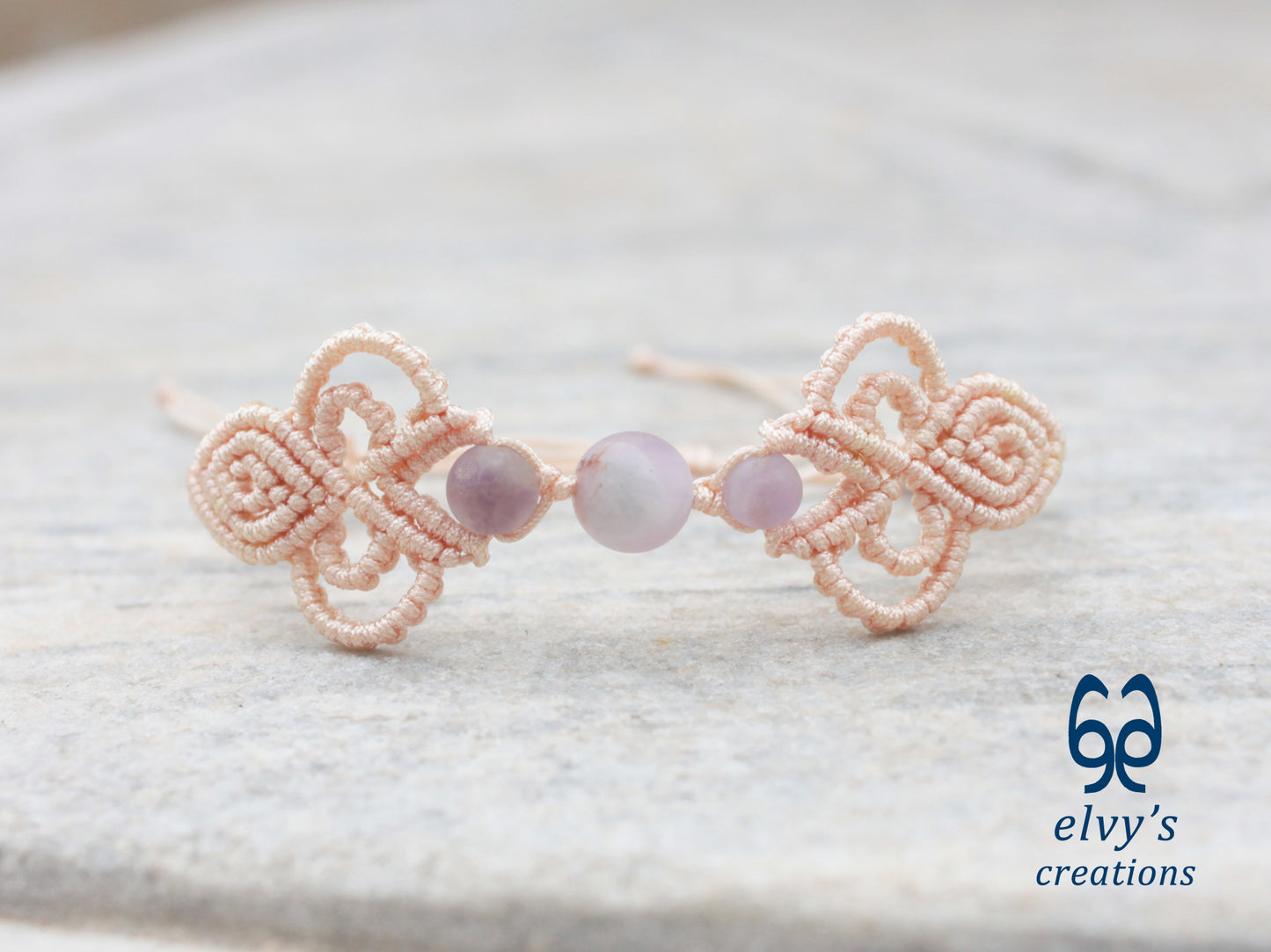 Beige Macrame Bracelet with Purple Beryl Gemstones Boho Bracelet for Women