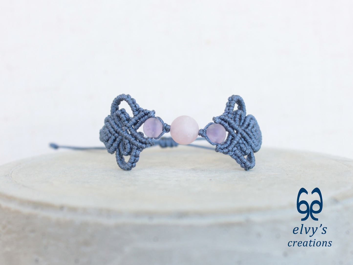 Blue Macrame Bracelet with Purple Beryl Gemstones Boho Bracelet for Women