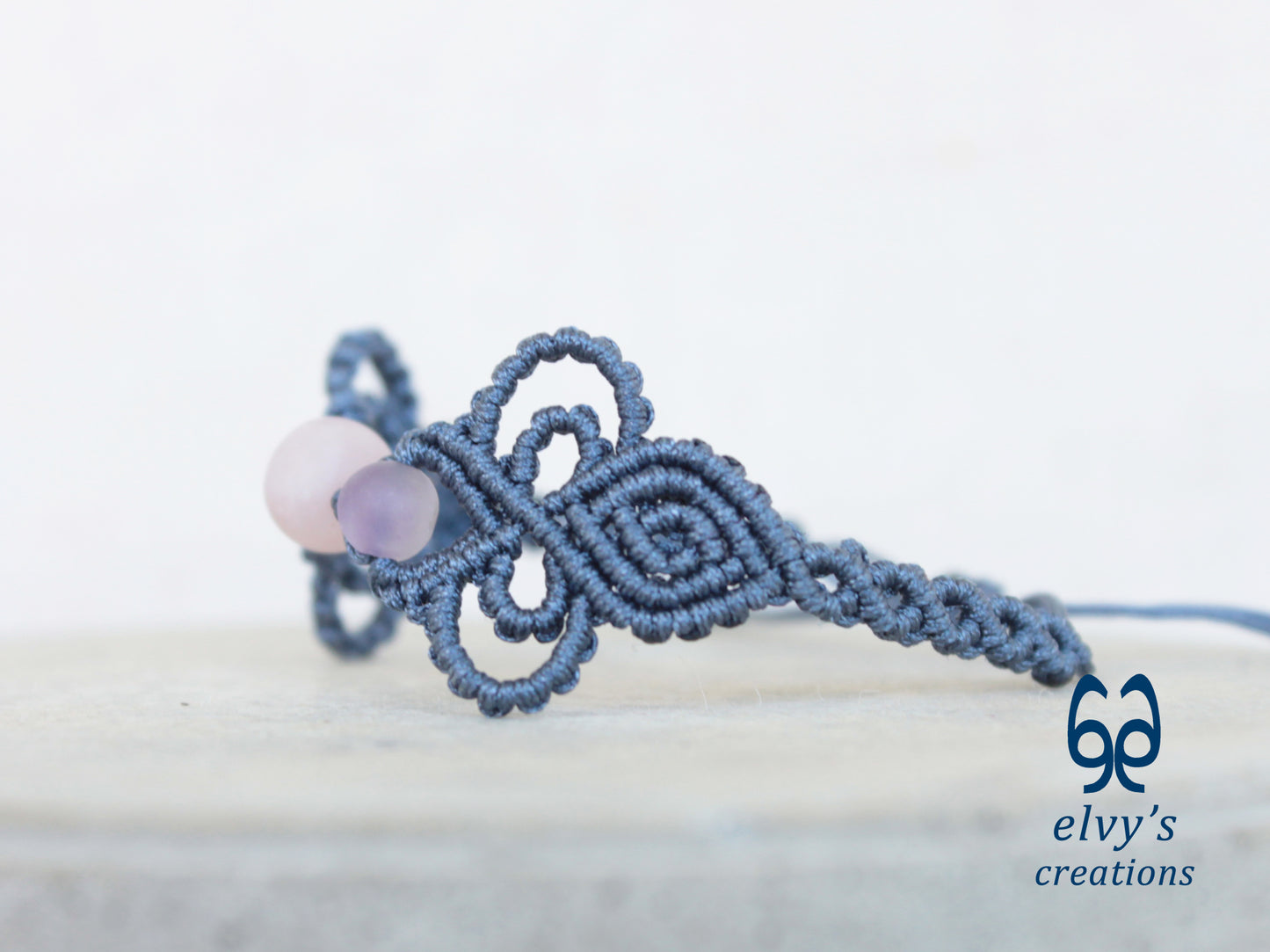 Blue Macrame Bracelet with Purple Beryl Gemstones Boho Bracelet for Women