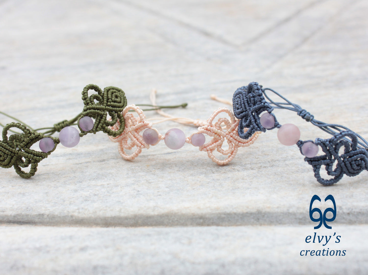 Khaki Green Macrame Bracelet with Purple Beryl Gemstones Boho Bracelet for Women