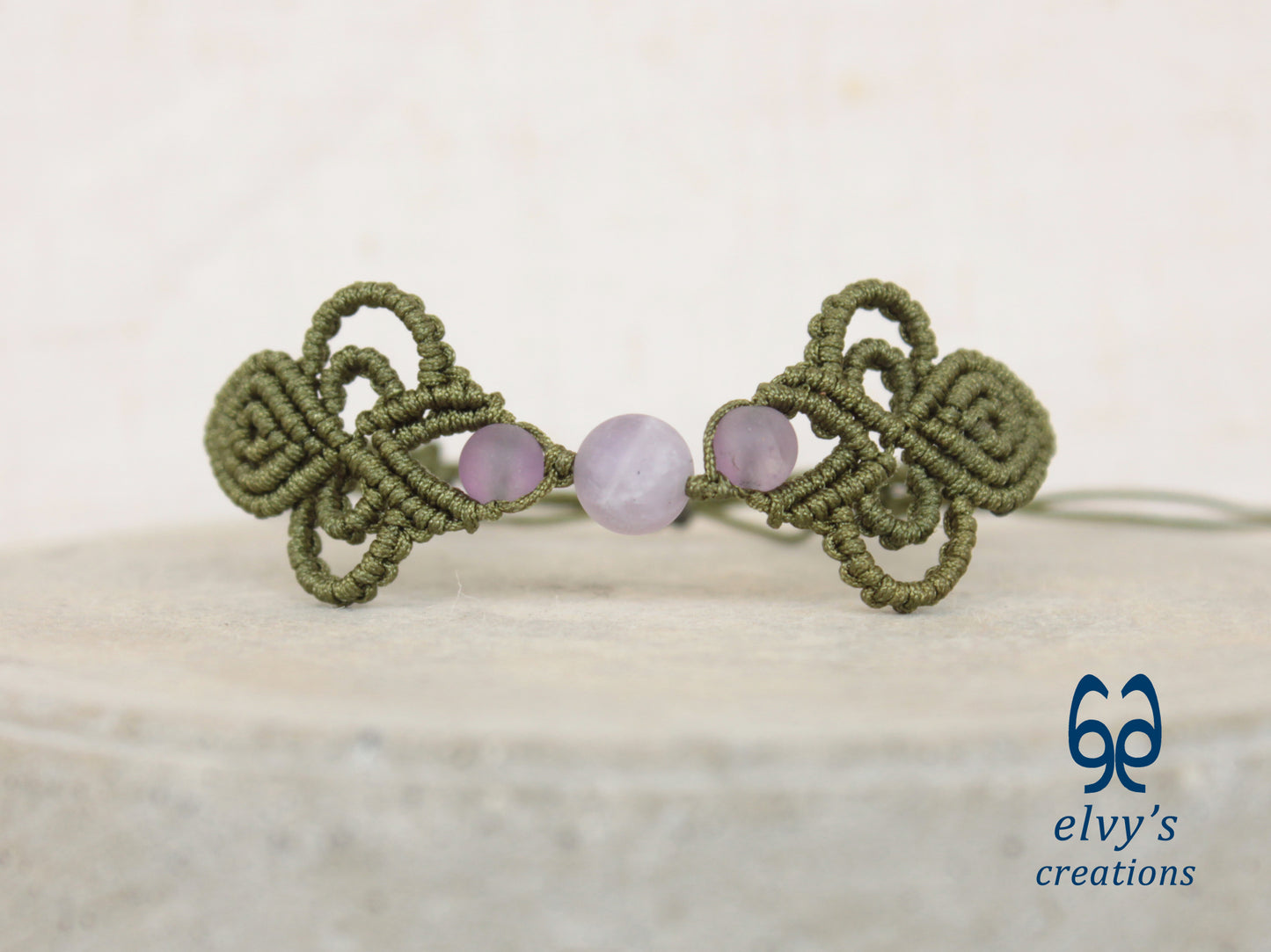 Khaki Green Macrame Bracelet with Purple Beryl Gemstones Boho Bracelet for Women