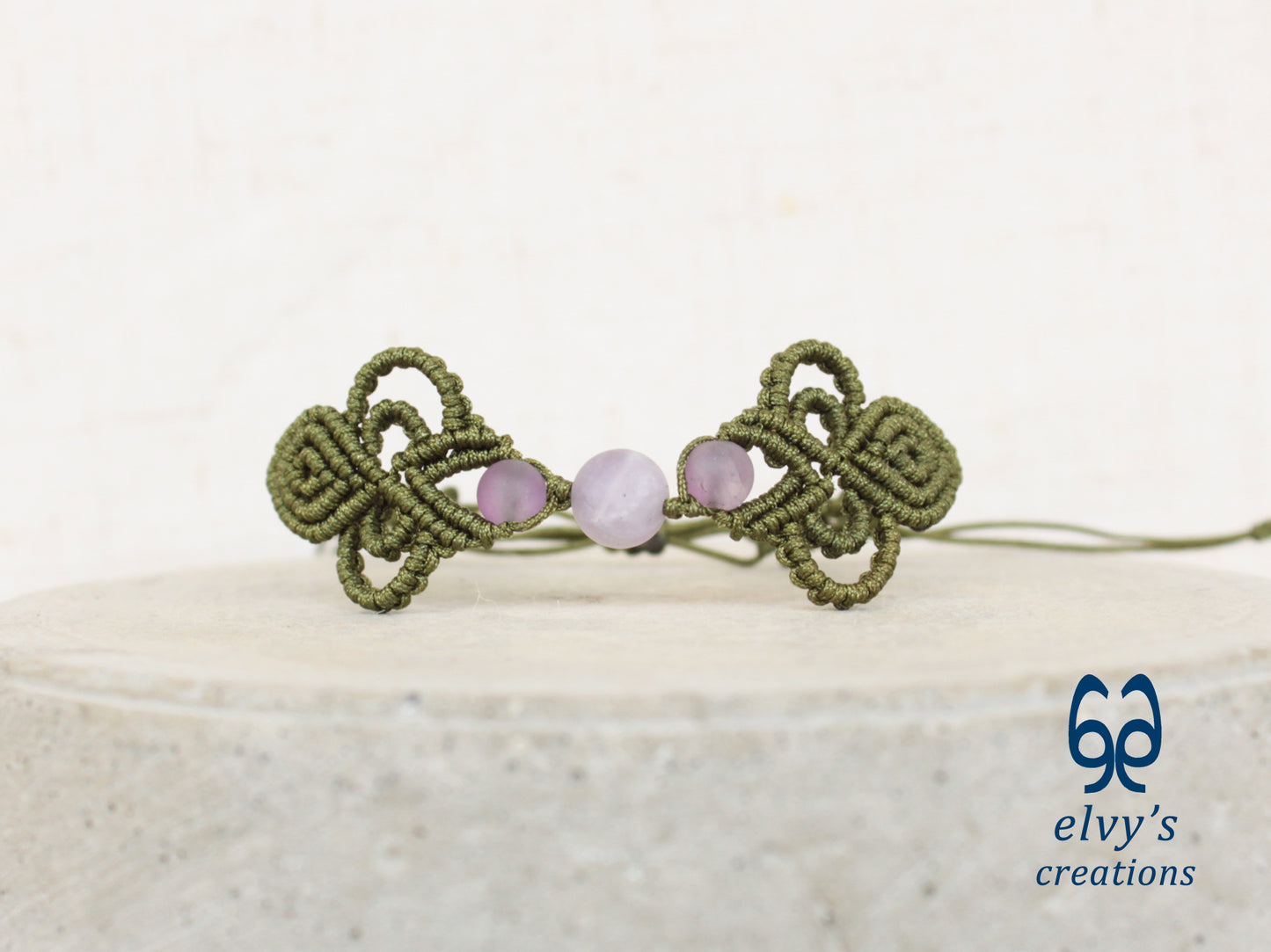 Khaki Green Macrame Bracelet with Purple Beryl Gemstones Boho Bracelet for Women