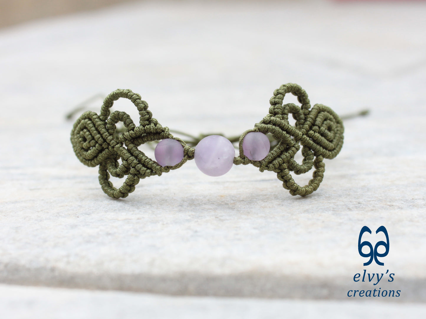 Khaki Green Macrame Bracelet with Purple Beryl Gemstones Boho Bracelet for Women