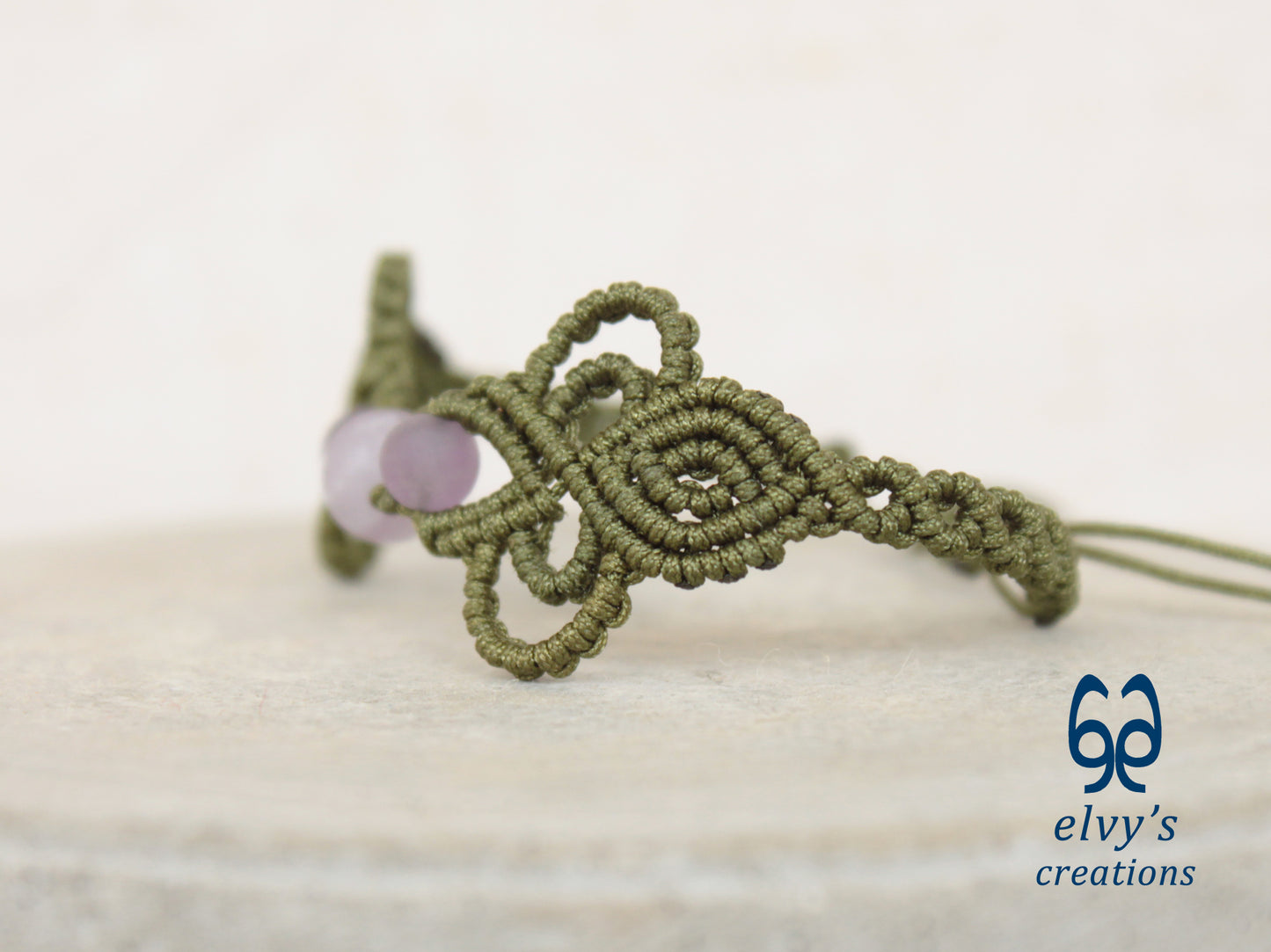 Khaki Green Macrame Bracelet with Purple Beryl Gemstones Boho Bracelet for Women